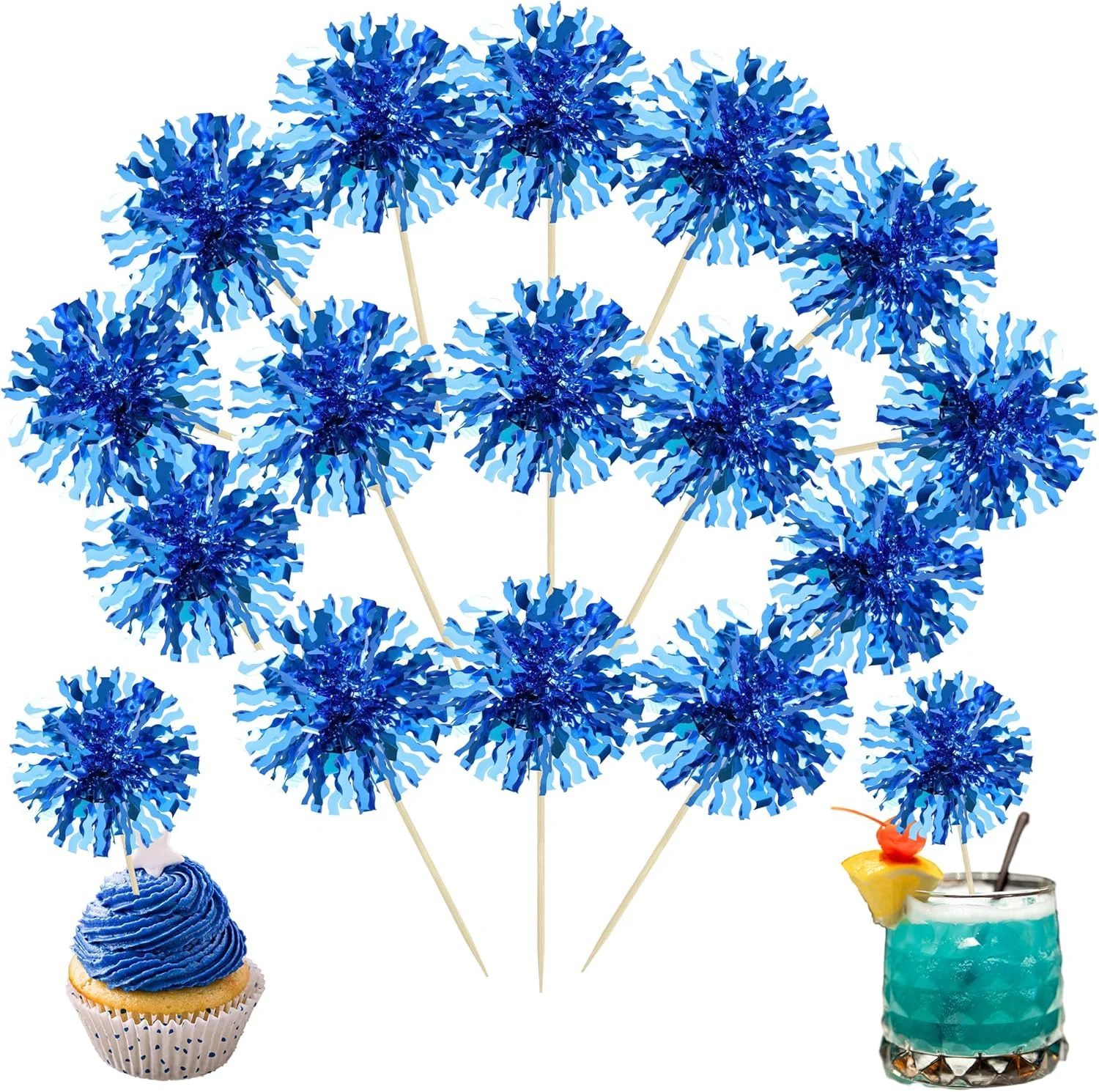 Eco-Friendly Ephlyn 30Pcs Foil Firework Cupcake Toppers Blue Tinsel Flower Drink Stirrers Cocktail Food Fruit Cake Toppers for Valentine's Day Party Decorations Recyclable