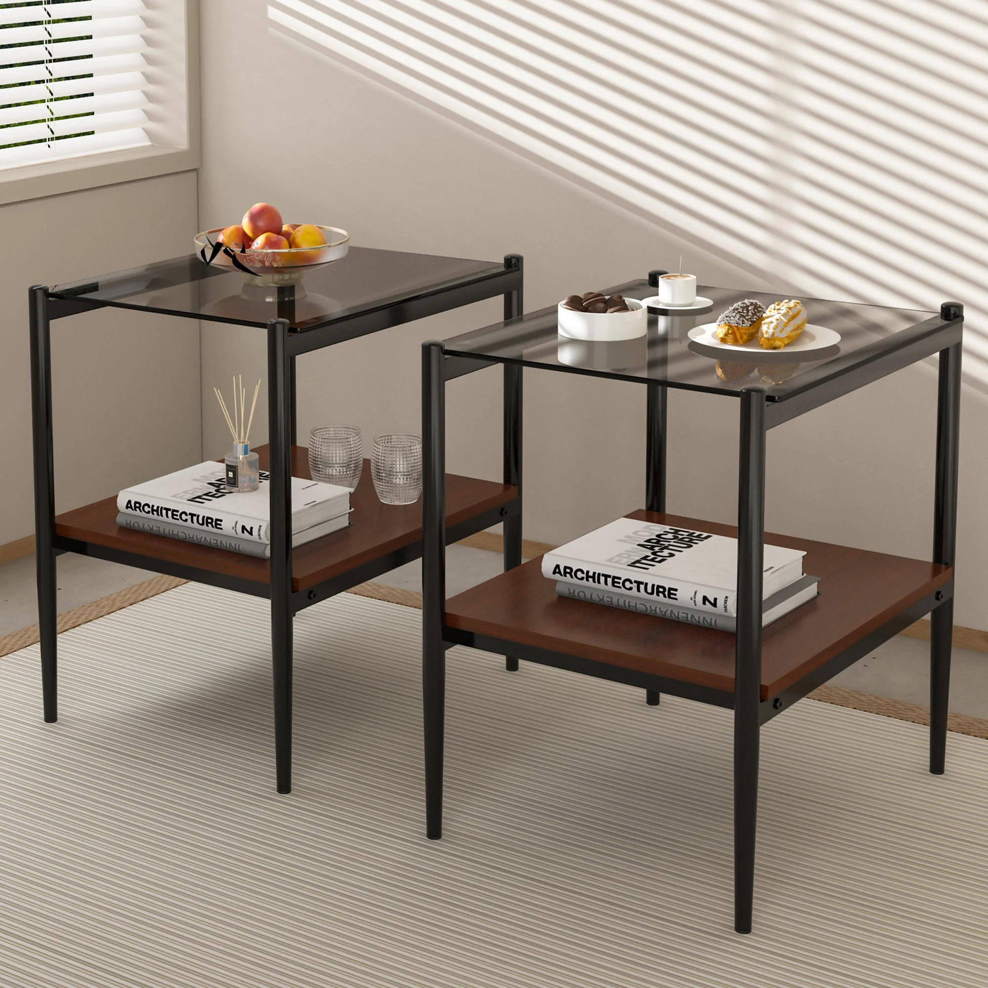 Powerful Set of 2 Rectangle End Table Gray Glass Top-Quality