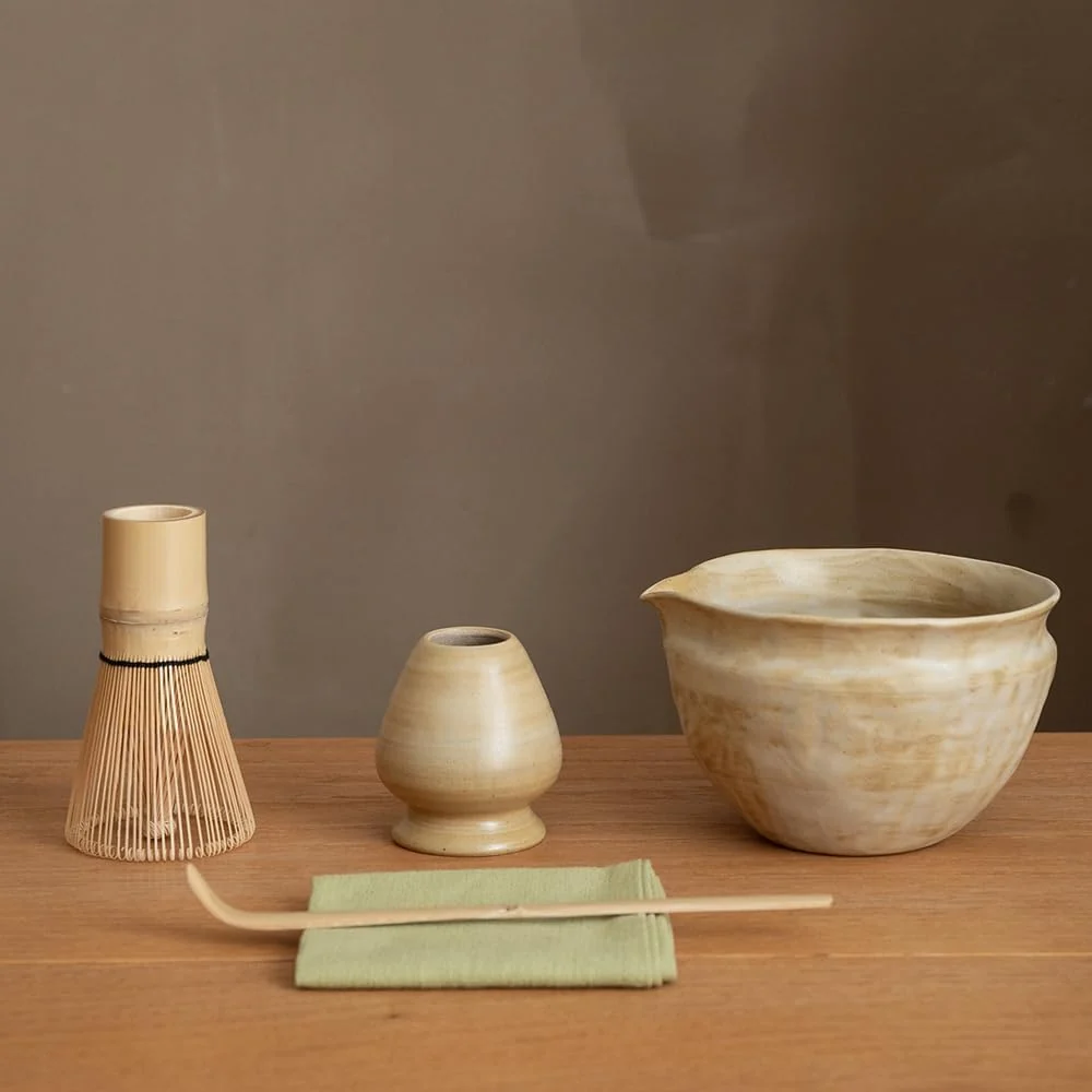 Prestigious Matcha Set with Handmade Ceramic Bowl amp Bamboo Whisk Sandstone 6-Pc Matcha Whisk Set 16.9 Oz Matcha Bowl with Spout Bamboo Whisk Holder Scoop Sifter and Tea Cloth Matcha Kit for Ceremony Comfortable