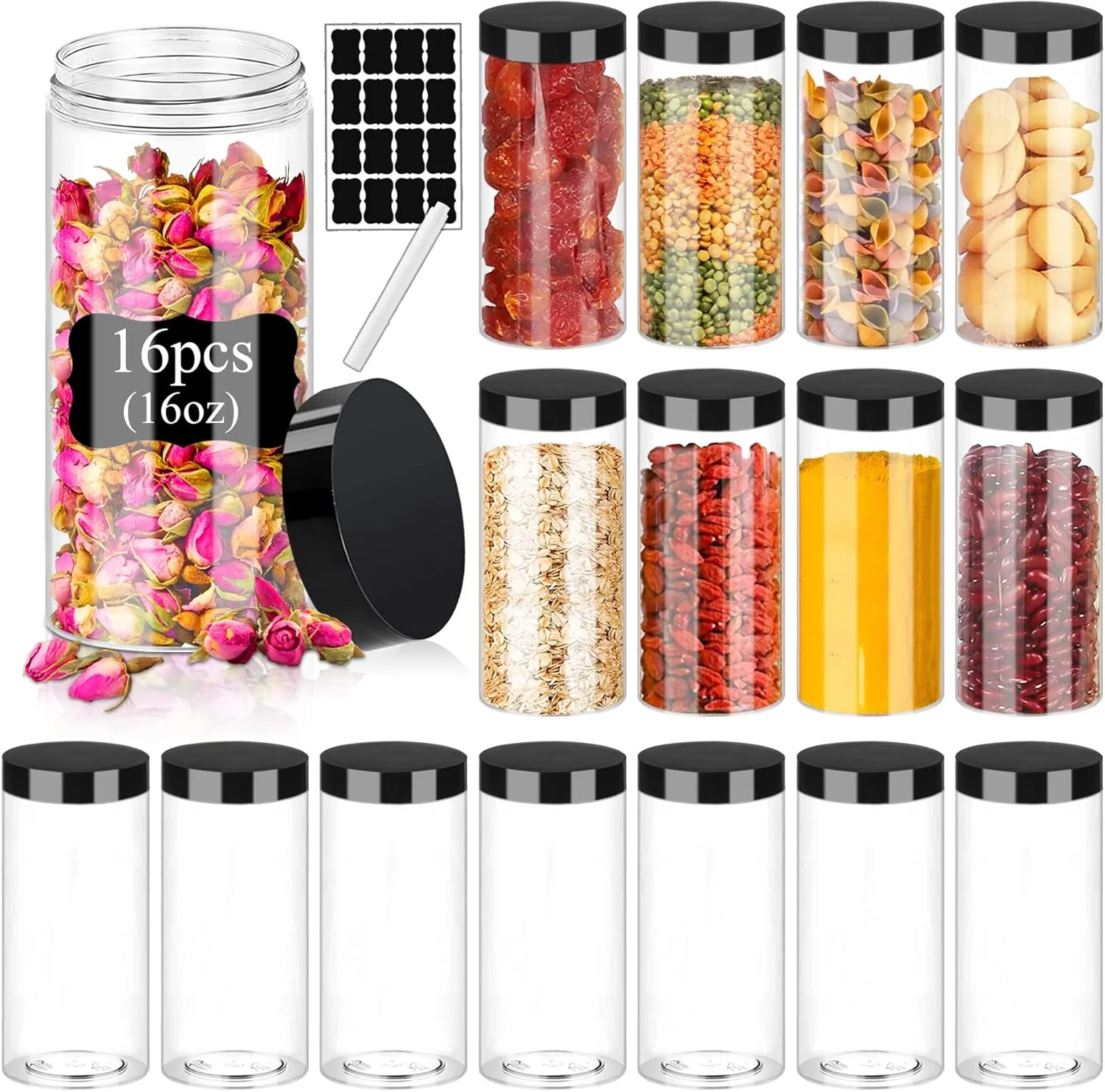 Artisan Plastic Jars with Lids 16OZ 16PCS Small Empty Slime Cosmetics Containers Clear Gift Food Jars Round PET Cream Jars with Black Lids Pen Labels for World-Class