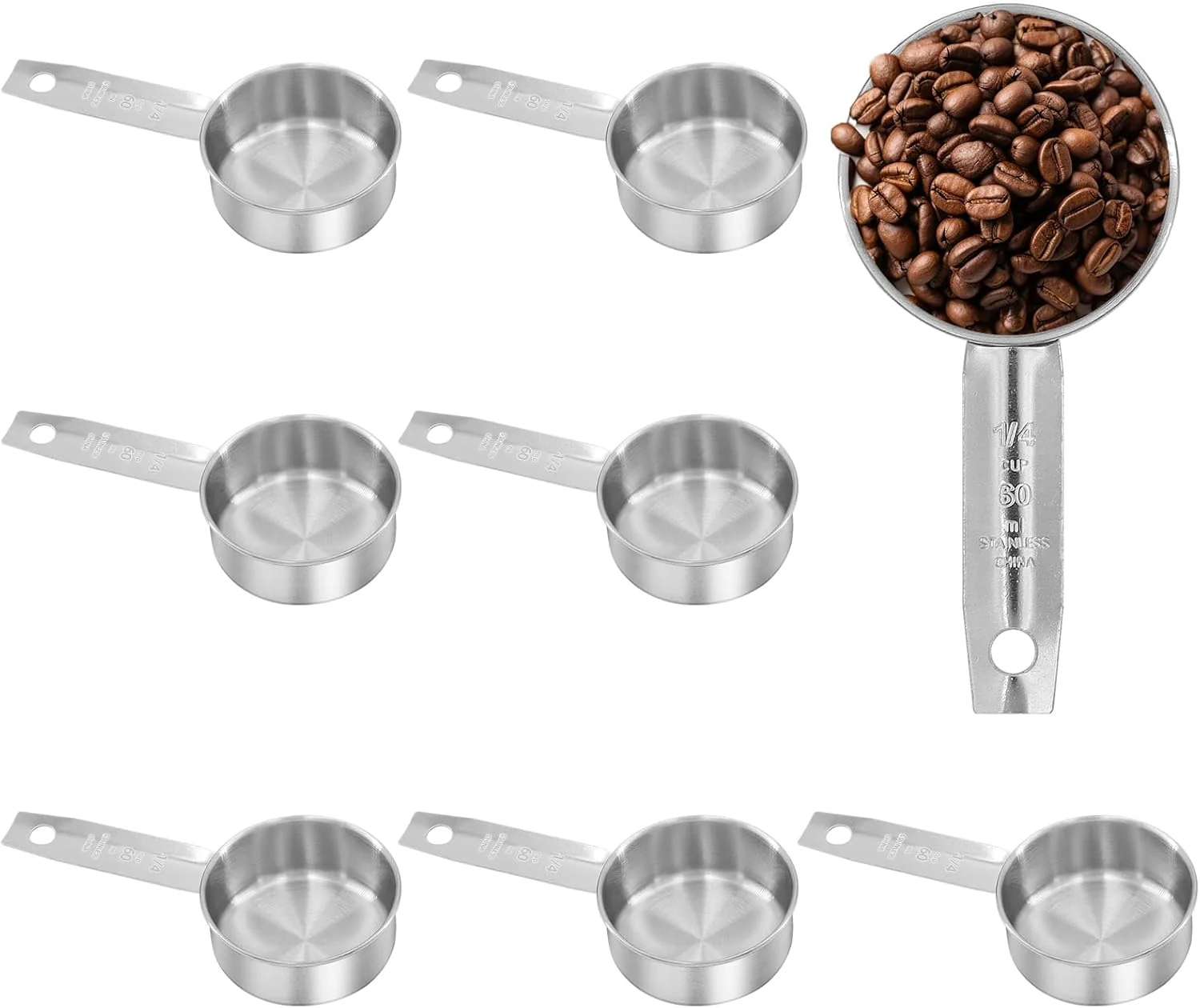 Genuine 8Pcs Stainless Steel Measuring Cup 1 4 Cup 60ml 2oz Metal Measuring Cup Small Measuring Scoops Coffee Scoop with Comfortable Hand for Kitchen Solid