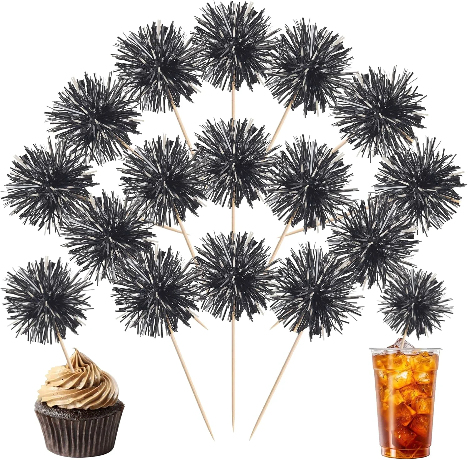 Outstanding 40 PCS Black Foil Firework Cupcake Toppers Sparkle Tinsel Cupcakae Picks Sparkler Fireworks Party Decorations Cocktail Fruit Toothpick for Birthday Stylish