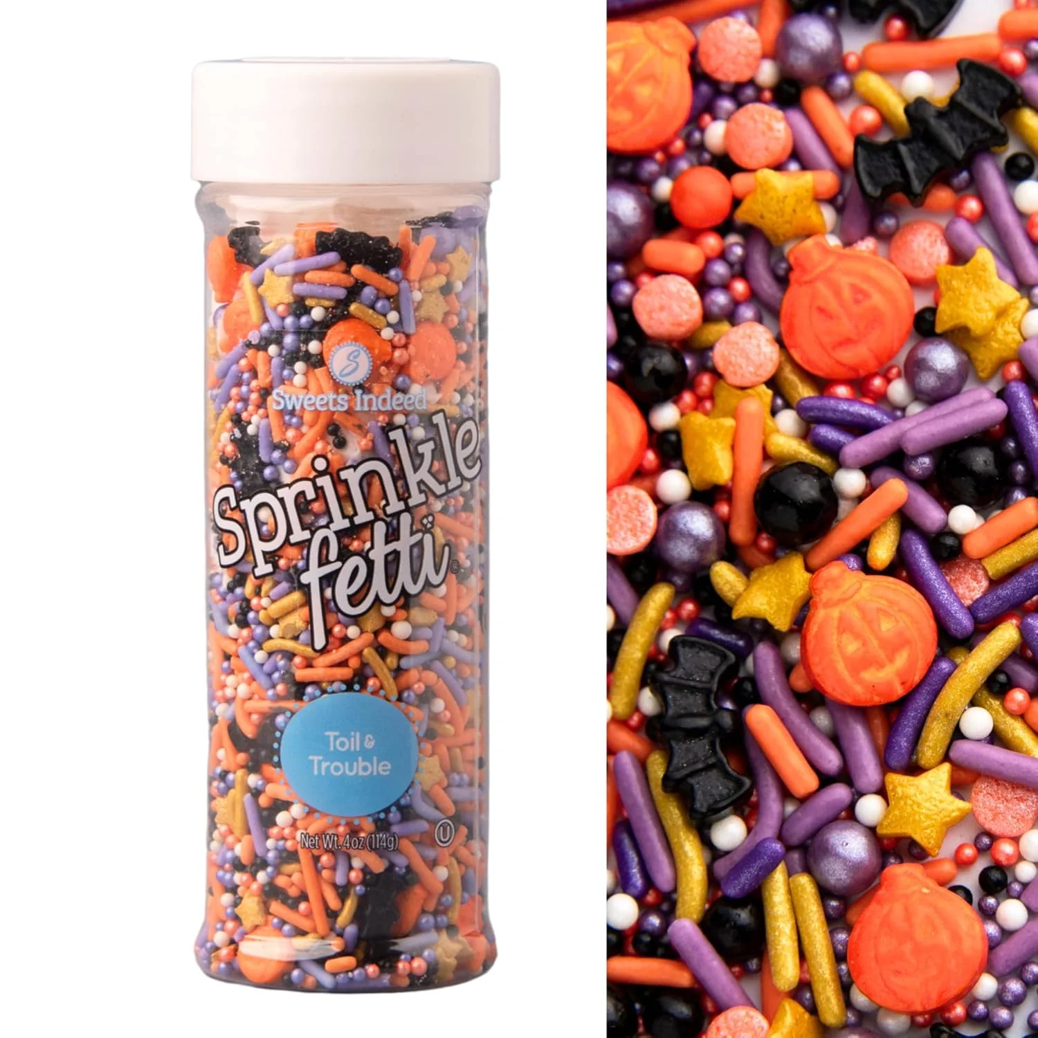 Casual Sweets Indeed Toil Trouble Halloween Sprinklefetti Mix – 4 oz Jar Sprinkles with Pumpkins Bats Jimmies Nonpareils Sugar Pearls Quins Refined