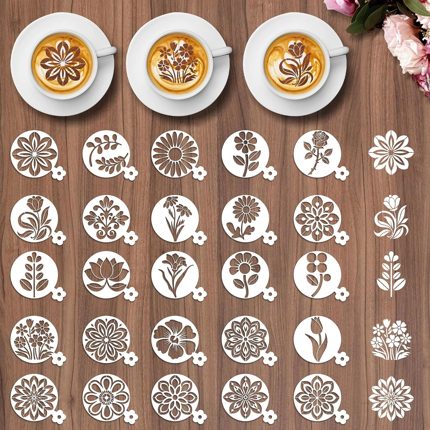 World-Class Sitsink Mandala Coffee Stencils Reusable - 25 Pcs Flower Stencils for Cookies Sourdough Bread Decor Rangoli Mandala Baking Templates Enhanced