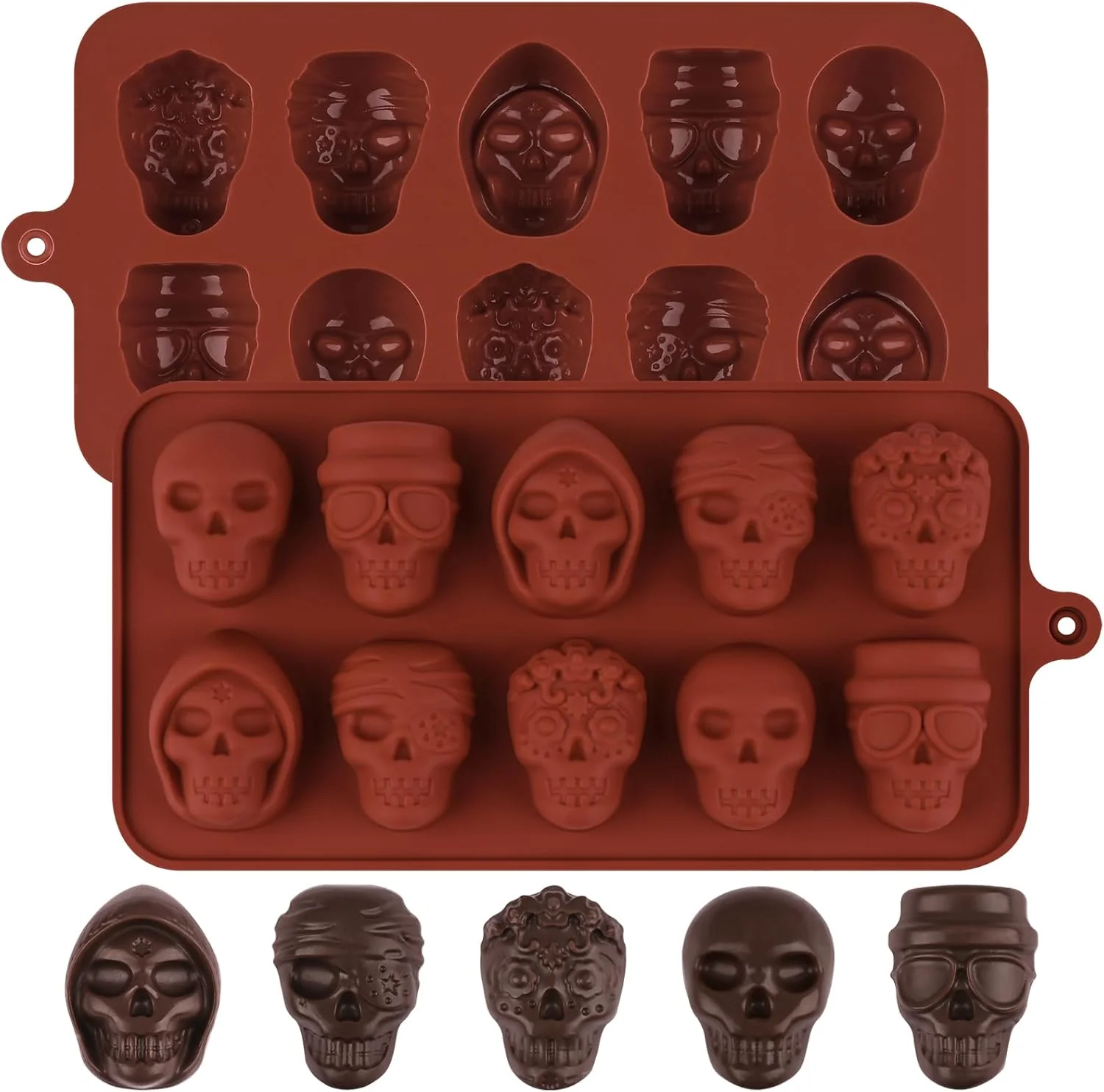 Unique Actvty Skull Chocolate Molds Halloween Chocolate Candy Molds 2 Packs 10 Cavity Skull Silicone Molds with 5 Different Designs for Making Chocolate Specialty