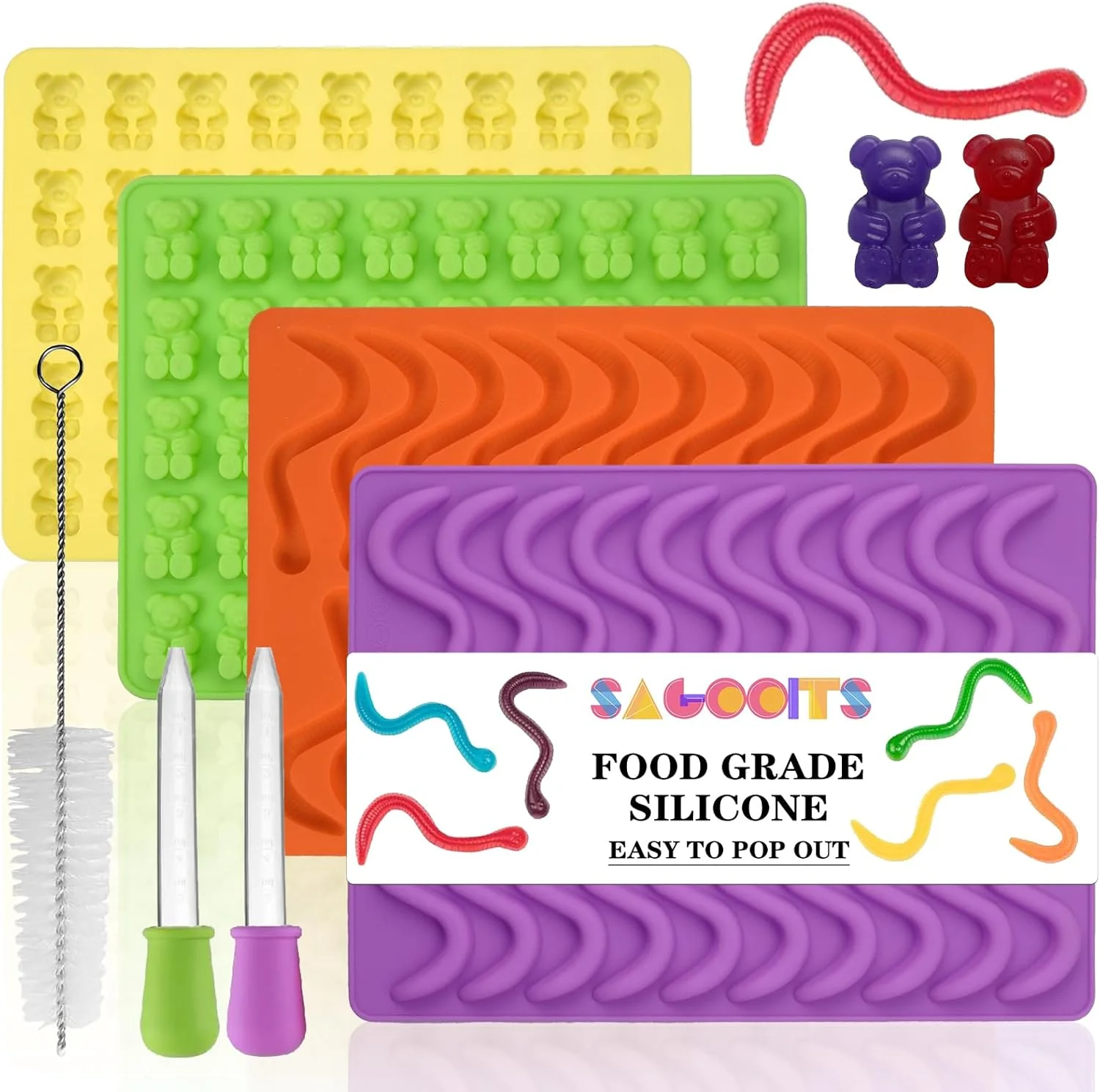 Fine Gummy Bear and Worm Mold Silicone No Stick Chocolate Candy Gummy Molds Pack of 4 with 2 Droppers SAGOOITS Large Gummy Bear Molds Candy Molds Top-Quality