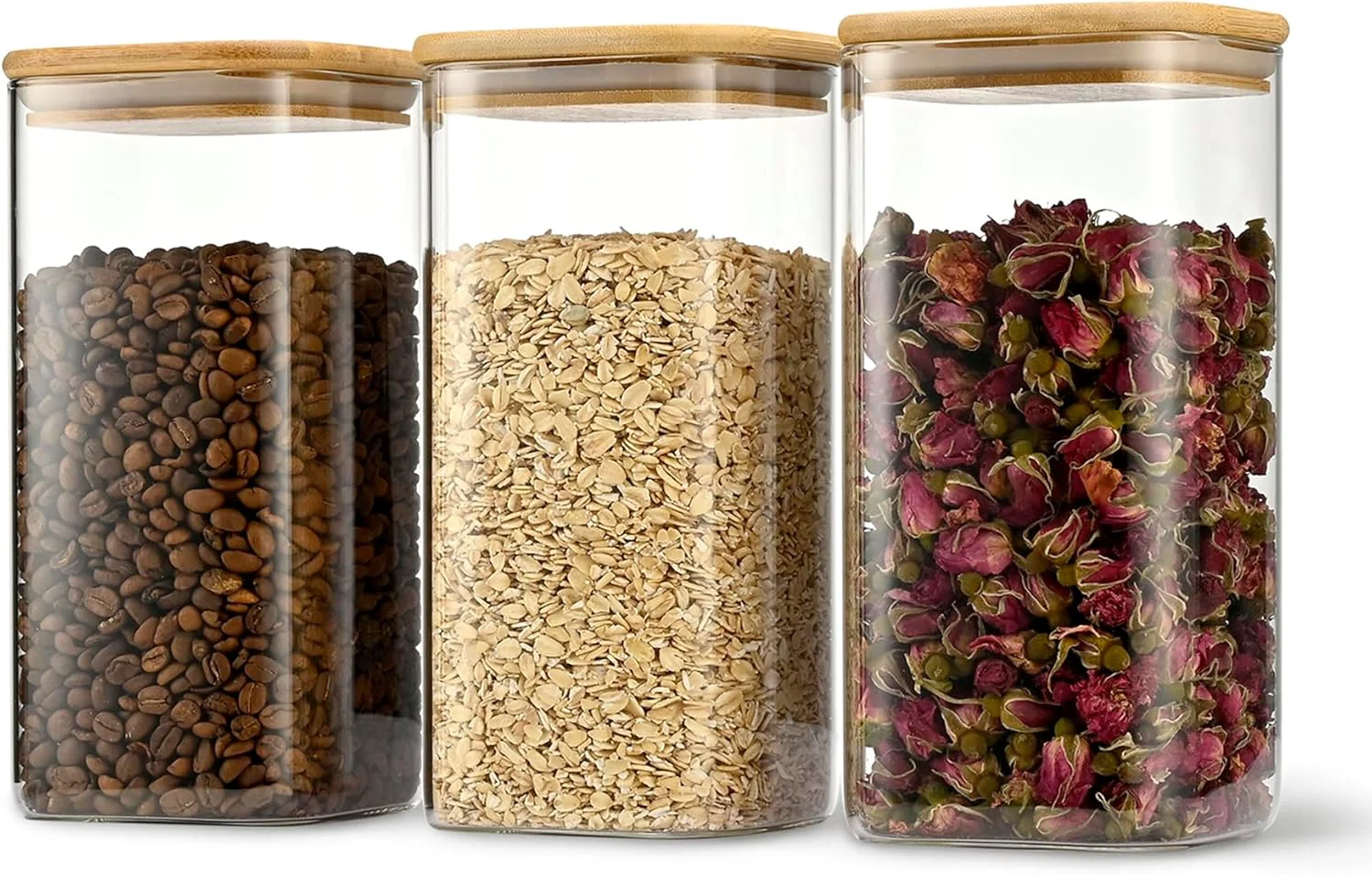 User-Friendly 52oz Airtight Glass Square Storage Canister with Bamboo Lid Set of 3 1550ml Container Stackable Spice Jar Kitchen Canister for Flour Cookies Certified