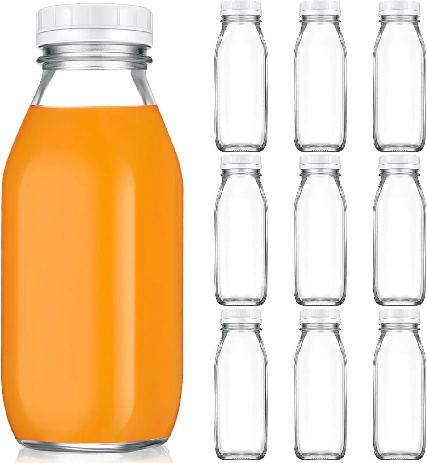 Advanced Suclain 10 Pcs 16 oz Glass Juice Bottle with Lids Clear Reusable Milk Container for Refrigerator Smooth