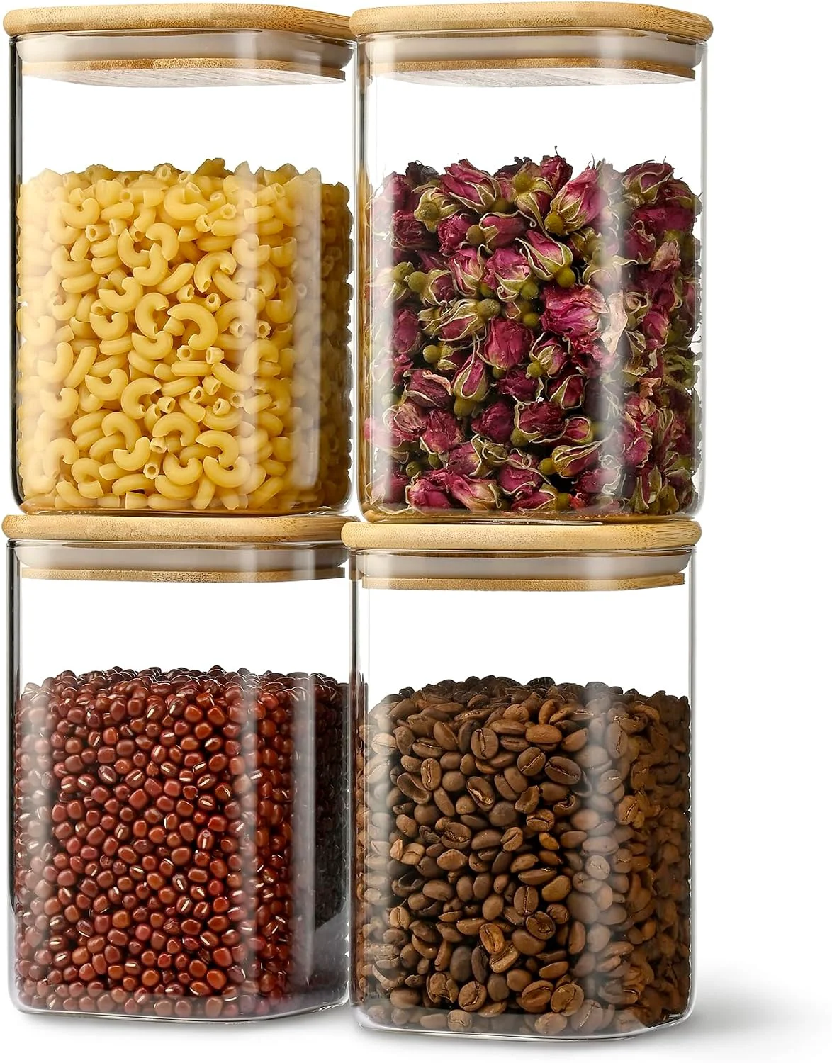 Organic D2scrma 37oz Airtight Glass Square Storage Canister with Bamboo Lid Set of 4 1100ml Container Stackable Jar Kitchen Canister for Pantry Noodles Flour and Coffee beans ‎with Black Lable Official