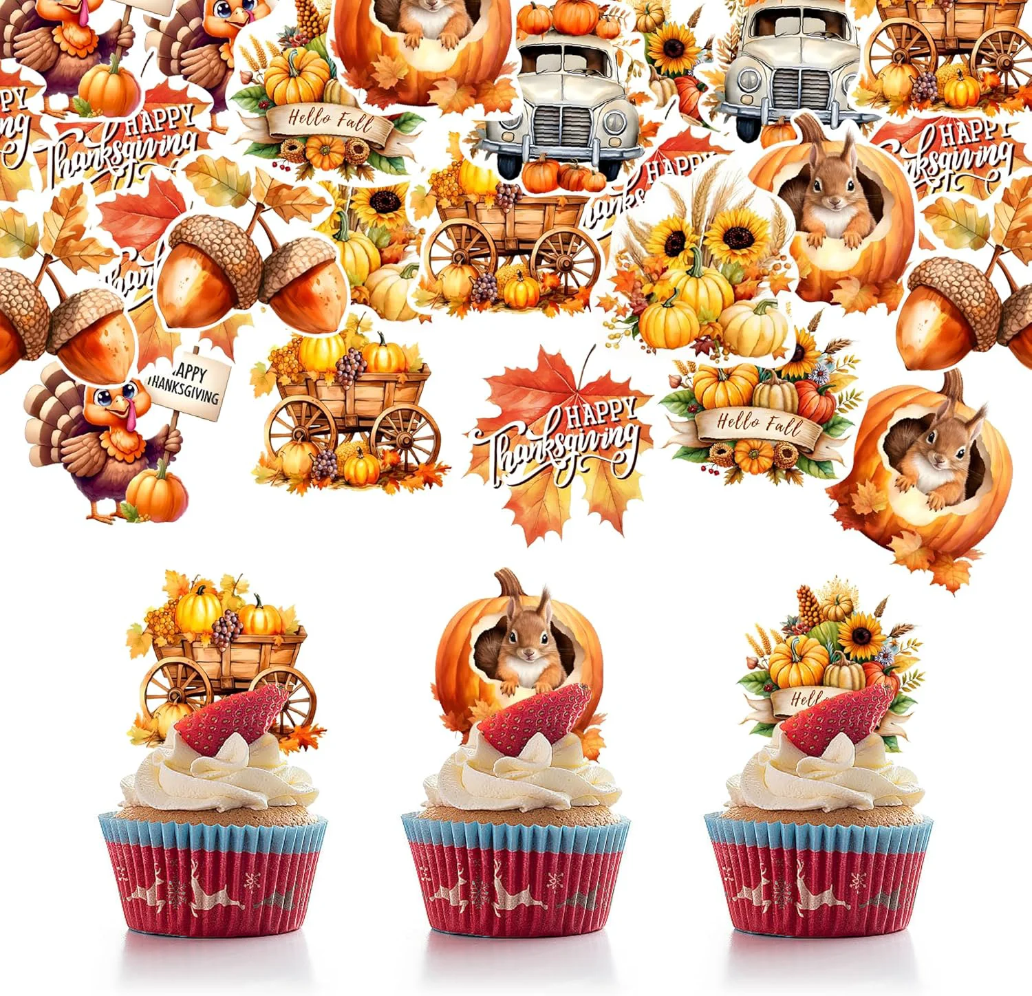 Contemporary 40 PCS Edible Wafer Paper Turkey Pumpkin Fall Theme Cake Picks Autumn Decorations for Thanksgiving Party Trusted