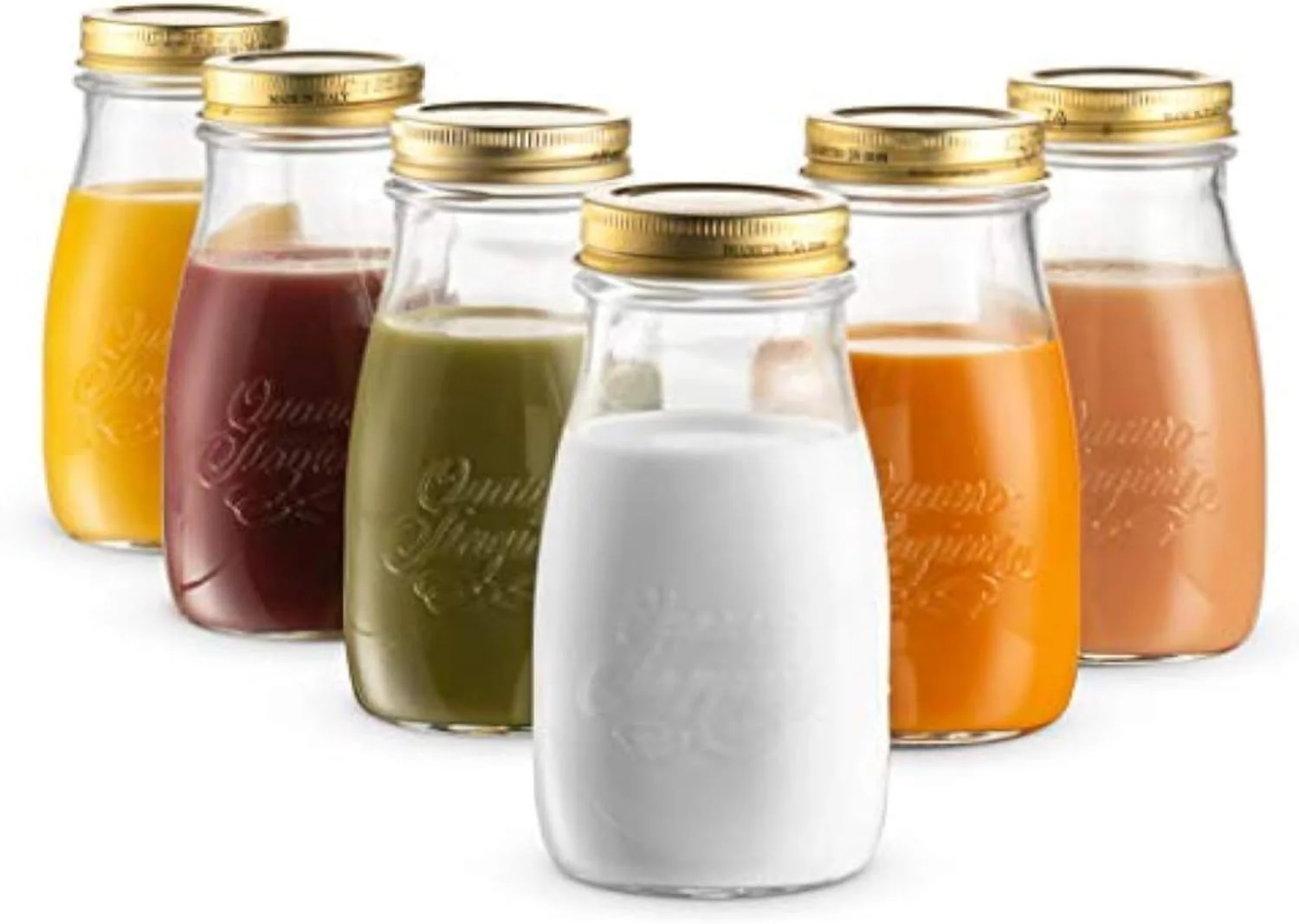 Secure Bormioli Rocco Quattro Stagioni Small Bottles Set of 6-6.75 Oz. Embossed Reusable Glass Jars with Airtight Lid For Food Prep Sauces Consistent