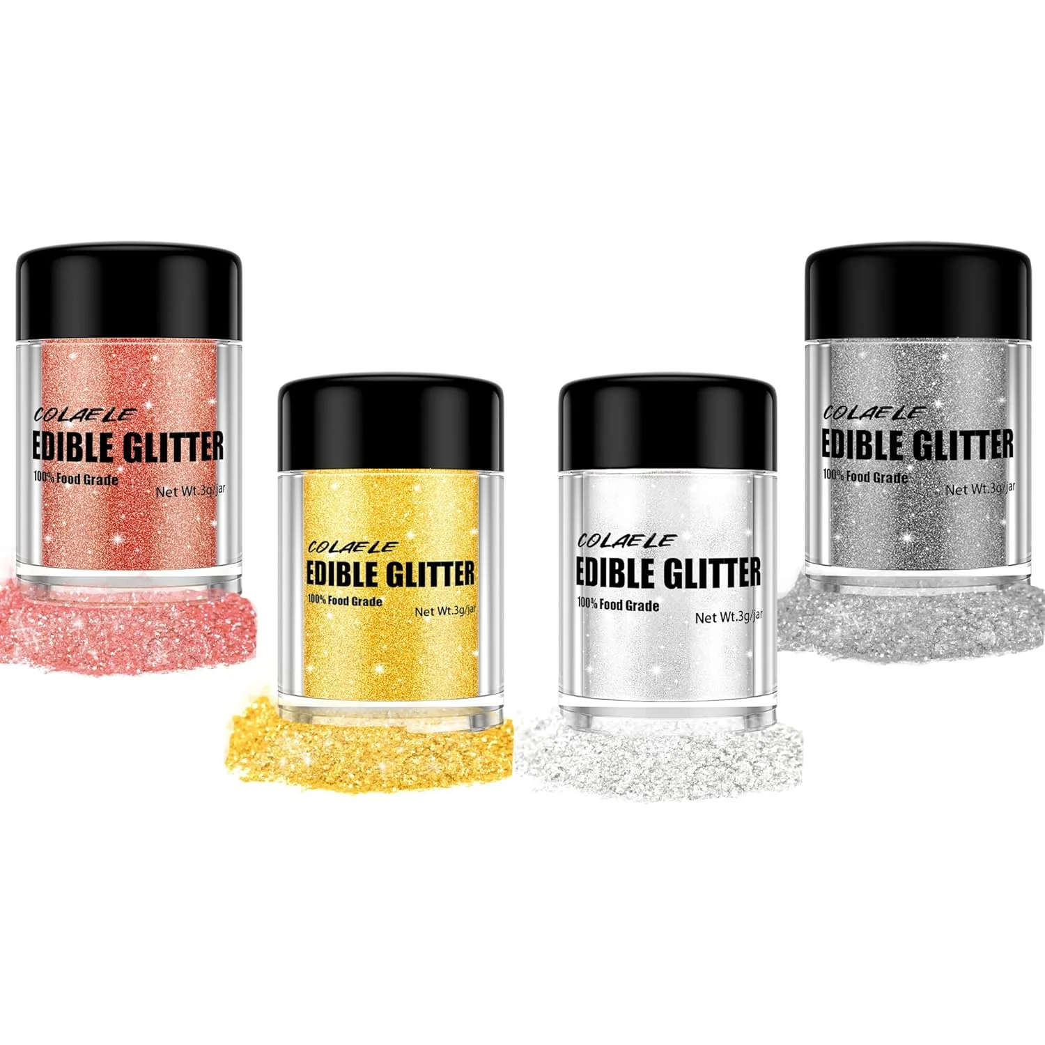 Premium Material Edible Glitter for Drinks Cakes Christmas Set - Colaele 4 Colors Shimmering Luster Dust Disco Glitter Food Grade Metallic Food Coloring Glimmer for Functional