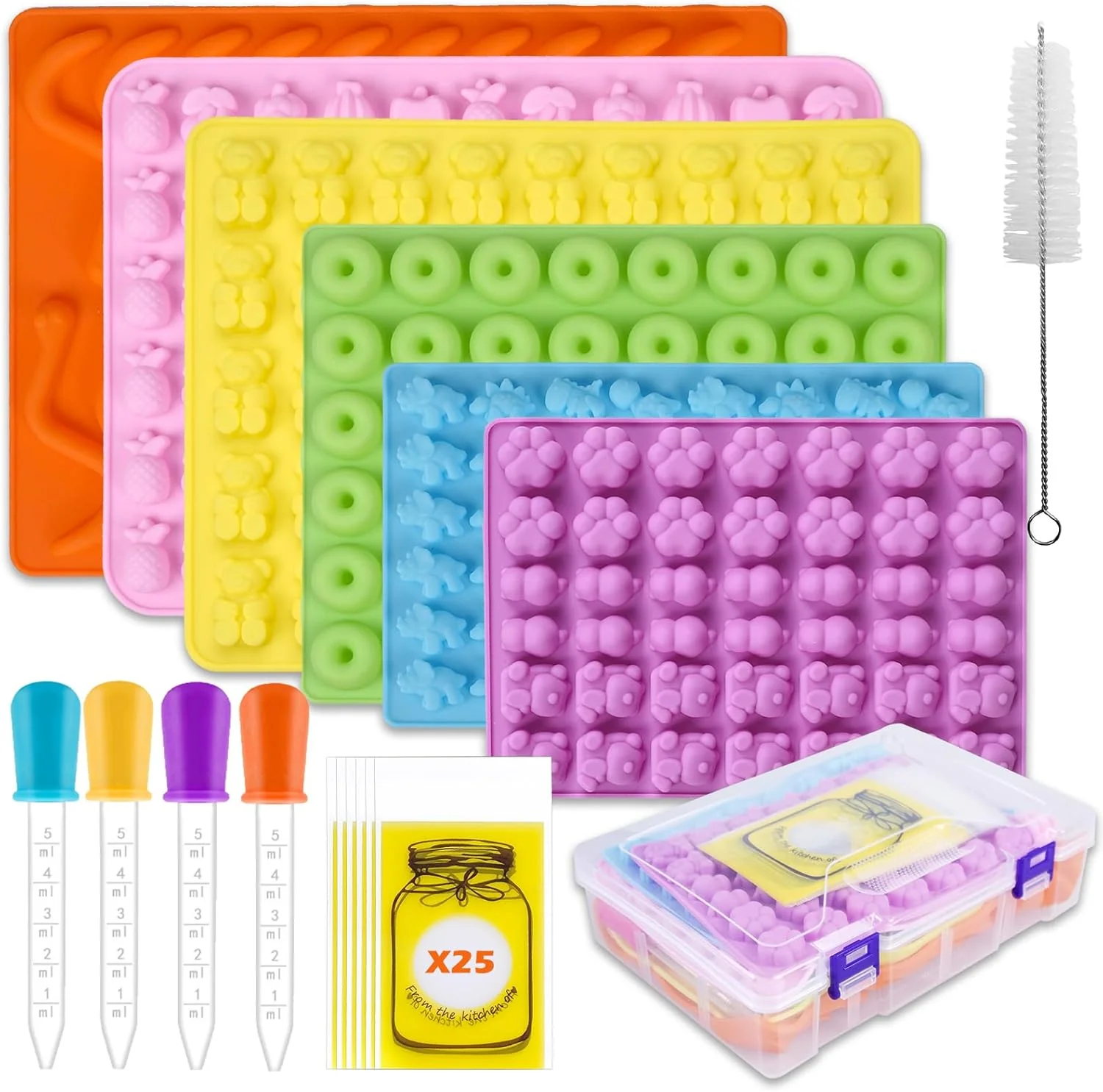 Comfortable Gummy Bear Molds Silicone 37PCS Set Nonstick Candy Mold Including Worm Bear Mini Dinosaur Animals Fruits and Mini Donut Molds With 4 Droppers Functional