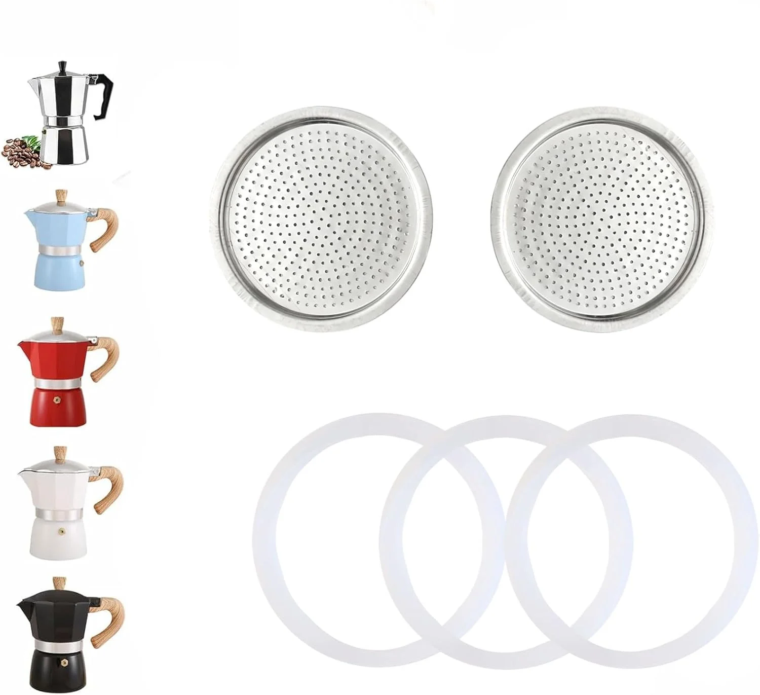 High-Grade 2 Pcs Filter with 3 Pcs Silicone Gasket Seals for 12 Cup 14 Cup Stovetop Espresso Coffee Maker Parts for Ditosh Aluminium Moka Pot Elegant
