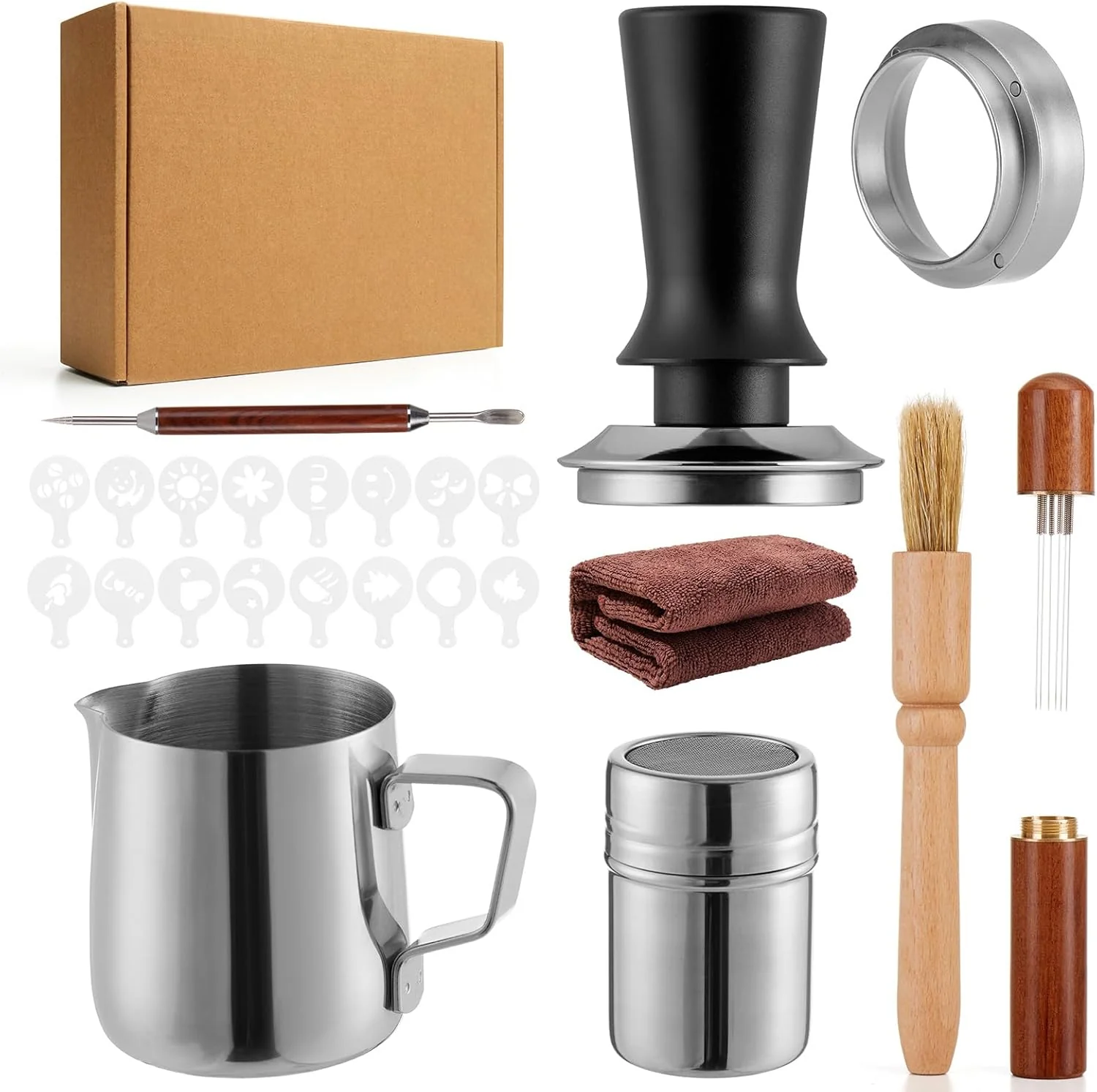 World-Class 24pcs Espresso Accessories Kit Espresso Tools Set for Coffee Machine Spring-Loaded 304 Stainless Steel Base 30lbs Coffee Calibrated Tamper Tools for Enjoying cafes Home Office hotels 53mm Dependable