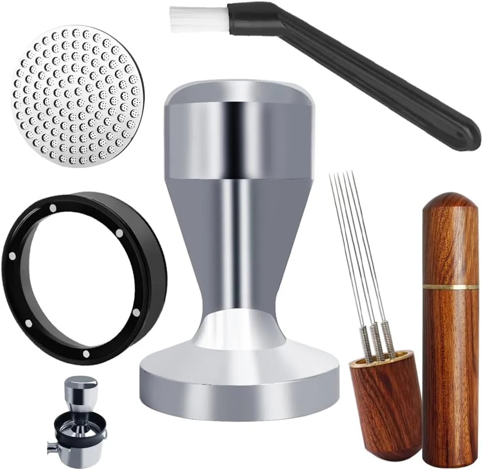 Smooth 51mm Espresso Tamper Set 5PCS Coffee Tamper Kit with WDT Tool Coffee Stirrer Dosing Funnel Puck Screen 51mm Espresso Accessories Tampers Kit Silver Top-Quality