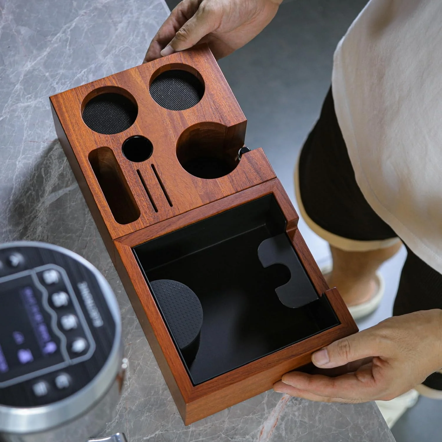 Genuine Rosewood Espresso Workstation – Wooden Tamping Station Organizer 54mm Coffee Knock Box Kit Green