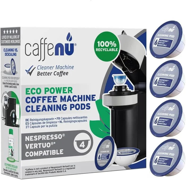 Certified Caffenu Cleaning Pods Compatible with Nespresso Vertuo. 4 Cleaner Capsules. For Improved Coffee Flavor and Crisp Coffee. Use with Descaling Kit Carefully Designed