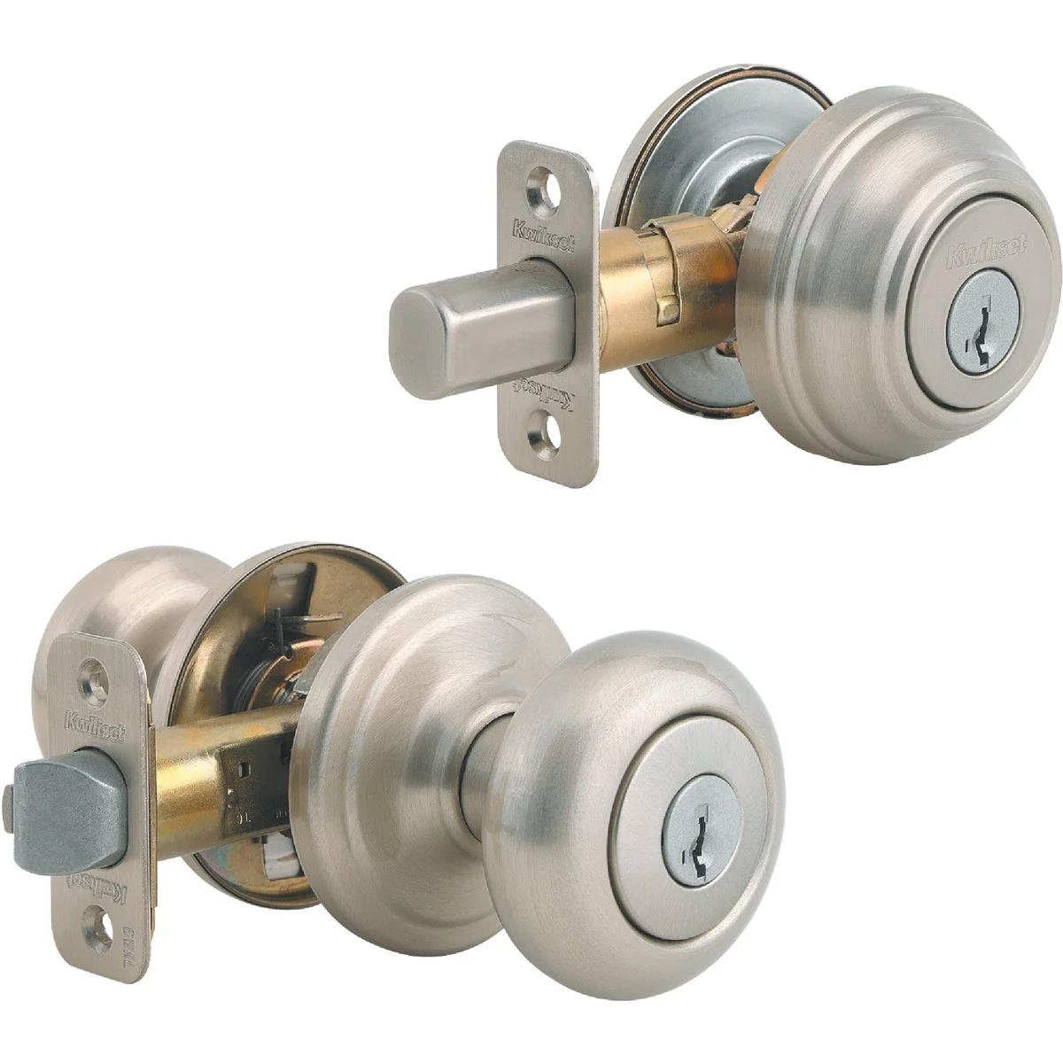 Green Kwikset Signature Series Satin Nickel Deadbolt and Door Knob Combo Relaxed