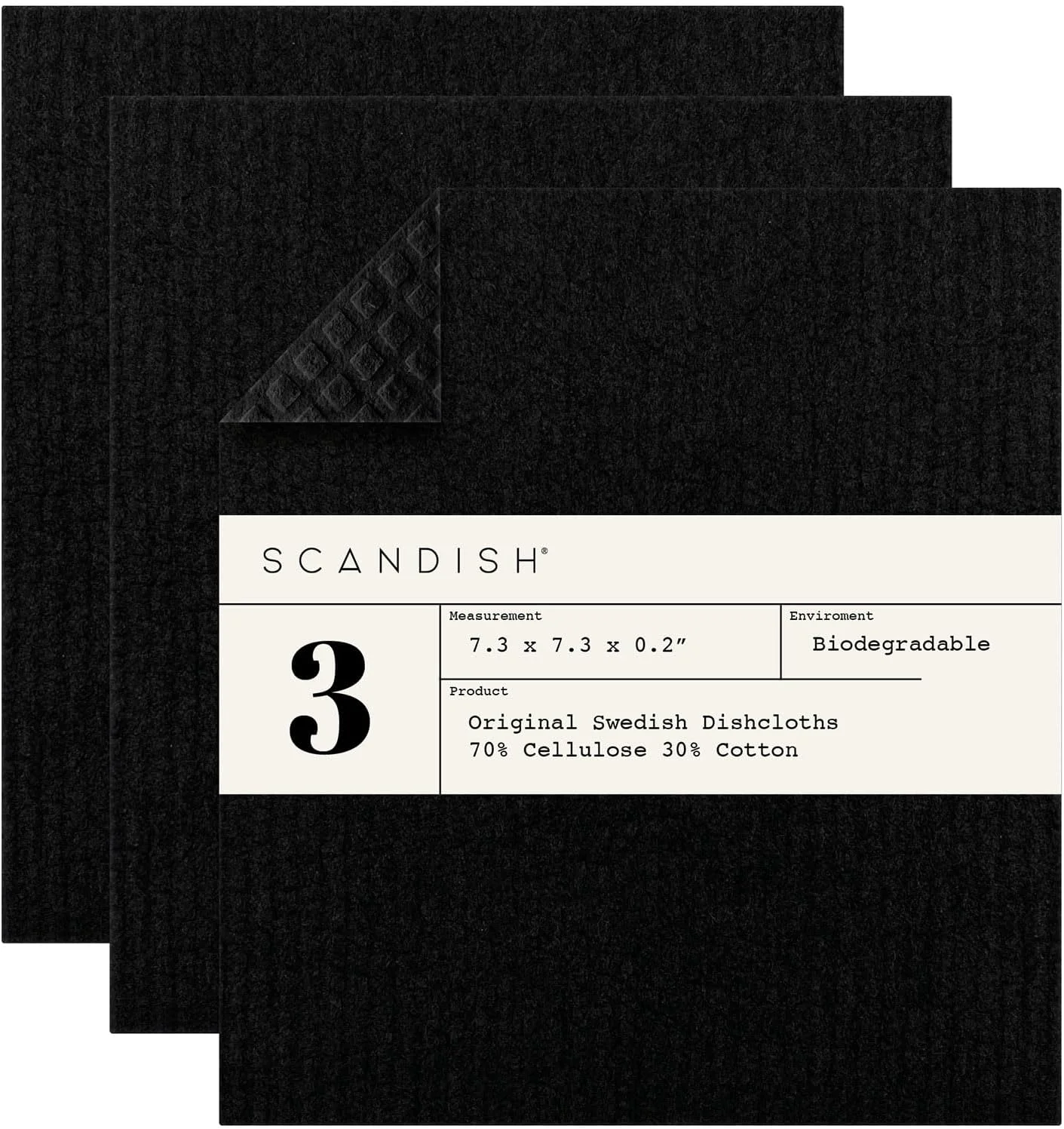 Eco-Friendly Black Swedish Dishcloths for Kitchen - Set of 3 Swedish Dish Cloths Swedish Dish Towels Made in Sweden Reusable Pure