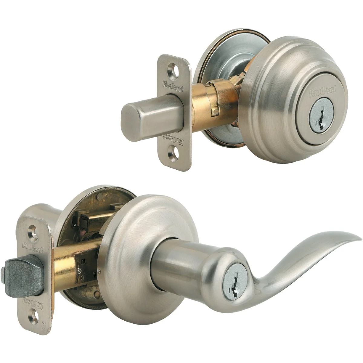 Stylish Kwikset Signature Series Satin Nickel Deadbolt and Lever Combo with Smartkey Professional