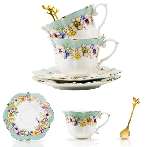 High-Performance Country Roses Bone China Tea Cup and Saucer Set 6 Count Lightweight