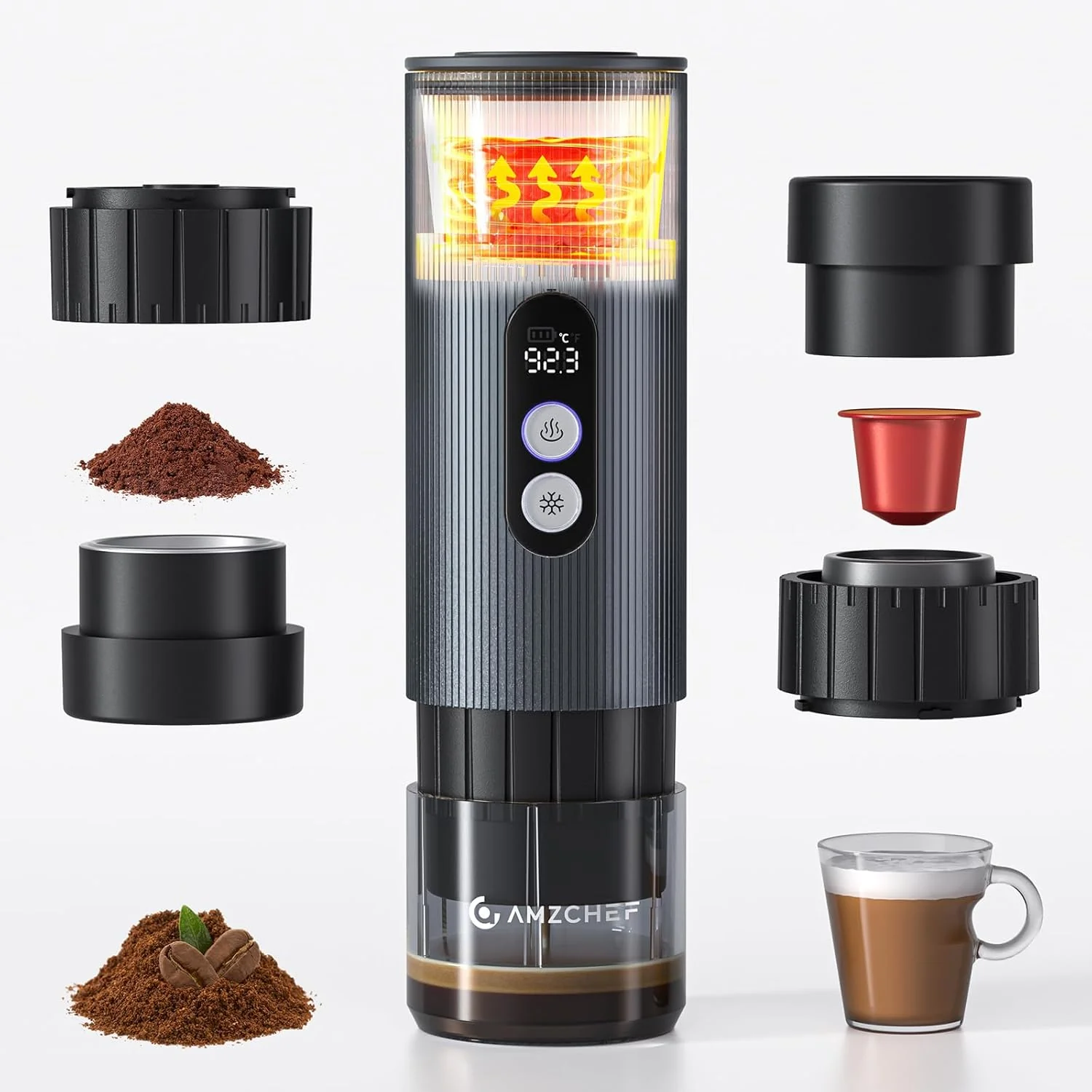 Breathable AMZCHEF Portable Espresso Machine w 9000mAh Battery USB-C 2-in-1 Travel Coffee Maker for Ground NS Capsules Car Coffee Machine Self-Heating for Camping RV Hiking Office Aluminum Consistent