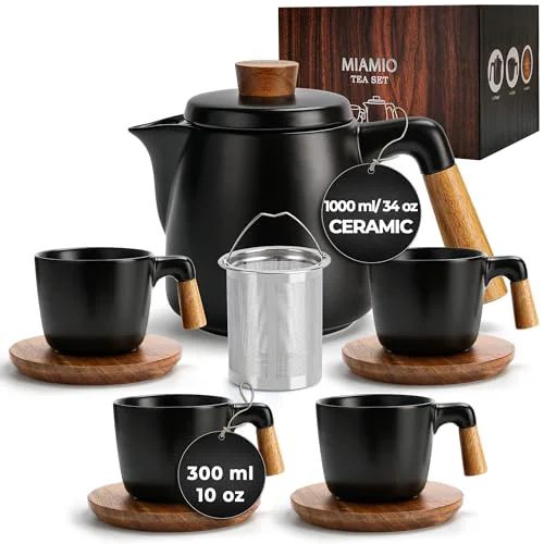 Selected 34 Oz Ceramic Tea Pot Set with Infuser and Cups Lightweight