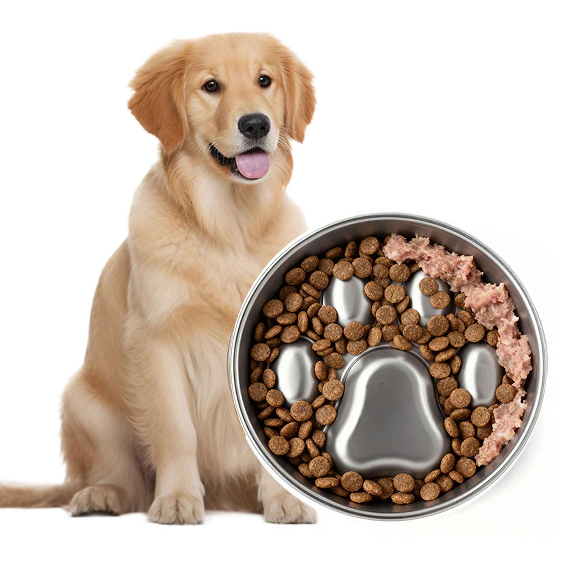 Next-Generation PawsPik® Stainless Steel Ridged Slow Feeder Dog Bowl First-Class