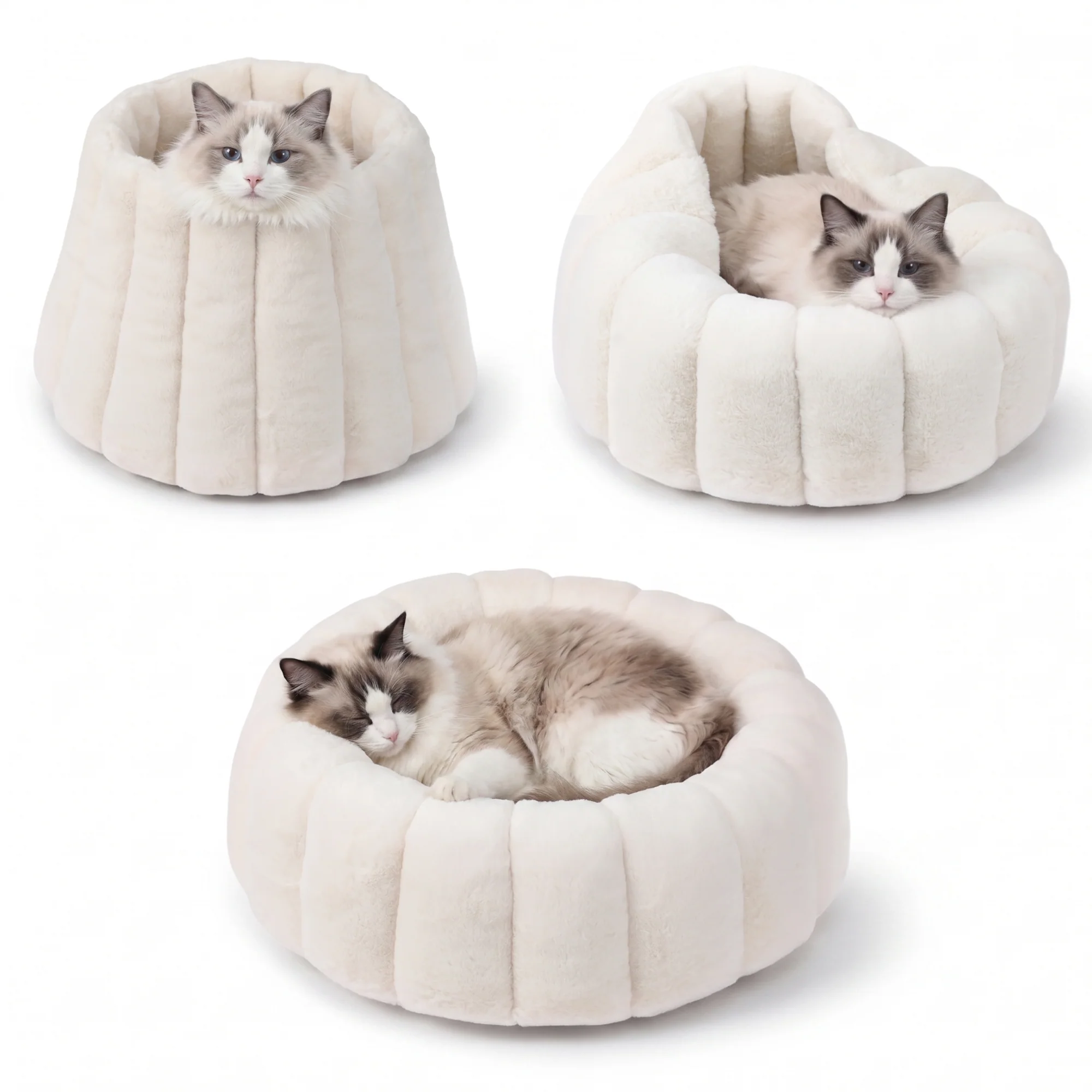 Convenient PawsPik® 3-in-1 Convertible Plush Cave Donut Bolster Dog Cat Bed Medium Breathable