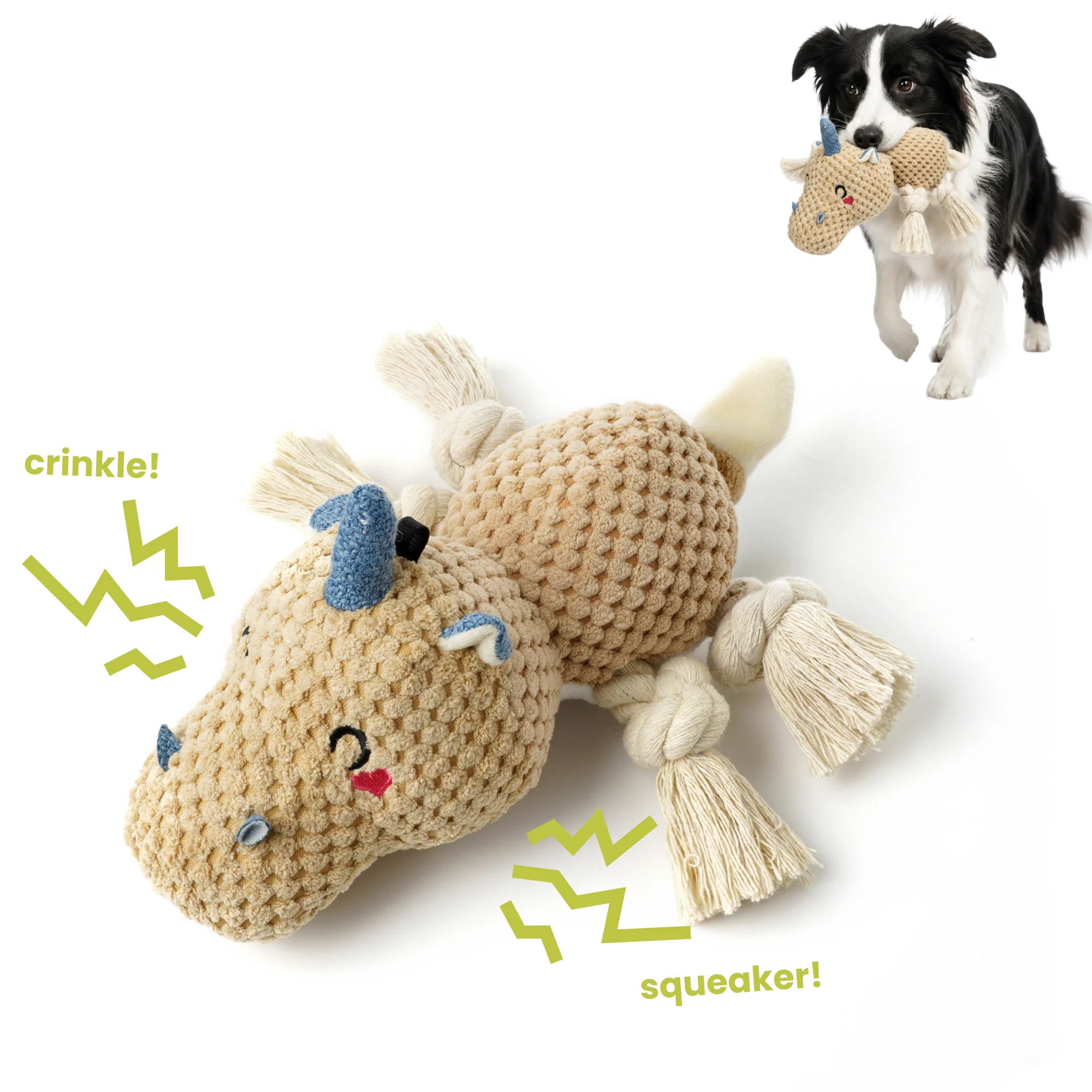 Authentic PawsPik® Unicorn Squeaky Crinkle Plush Rope Tug Chew Dog Toy Beige Traditional