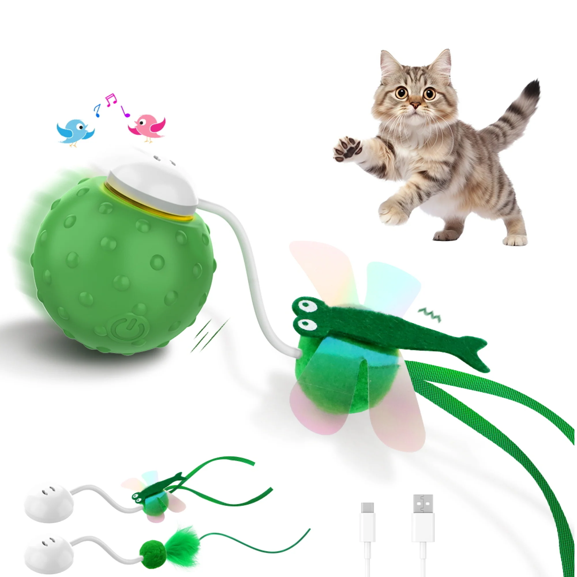 Flexible PawsPik® Dragonfly Spinning Ball Electronic Battery-Operated Cat Toy Green Fast