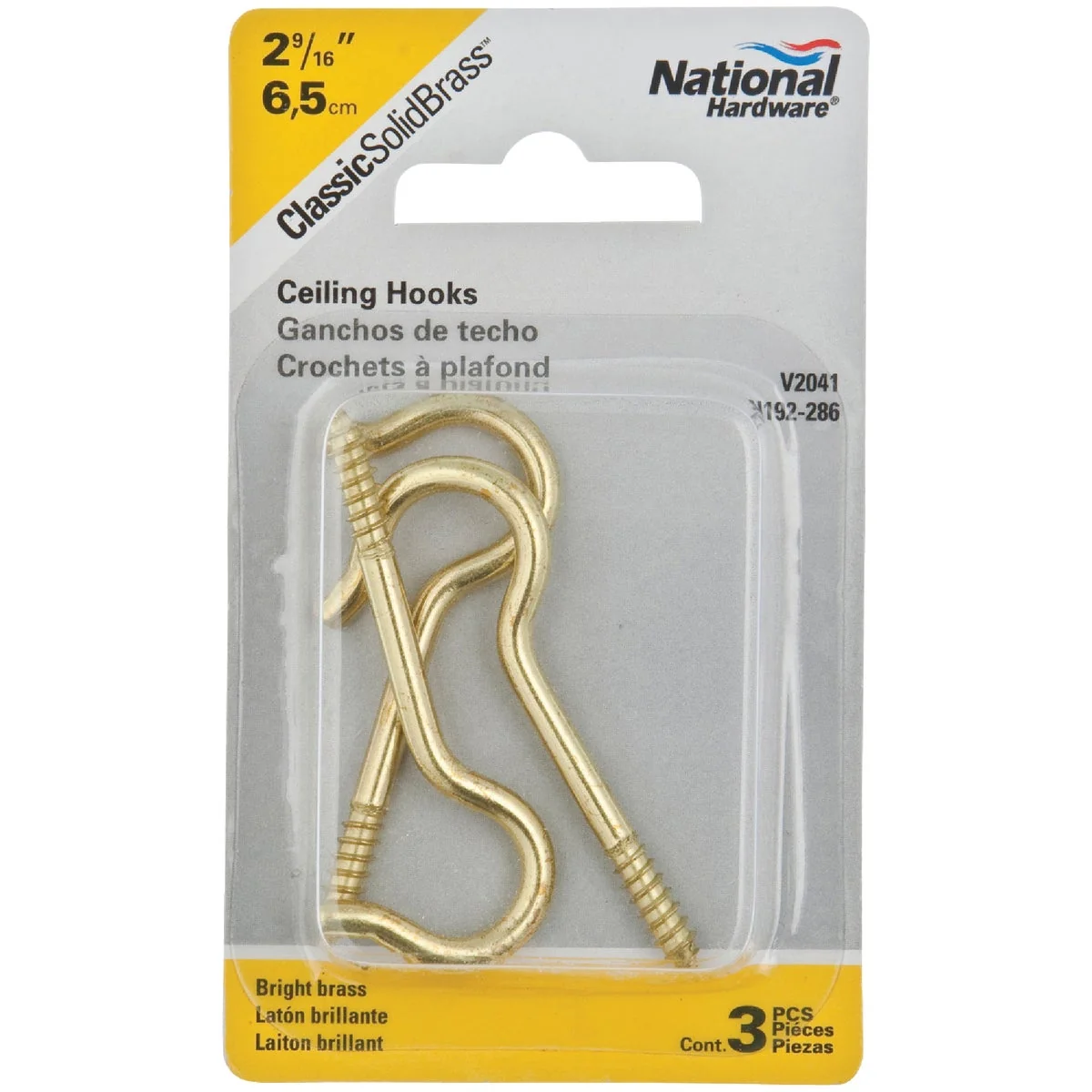 Official National 8 Solid Brass Ceiling Hook 3-Pack Detailed