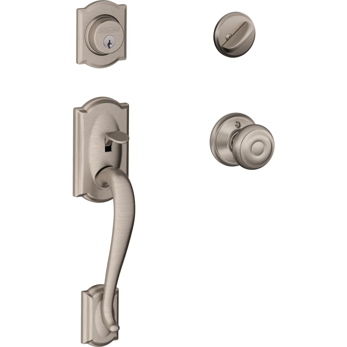 Responsible Schlage Satin Nickel Camelot Entry Door Handleset with Single Cylinder Deadbolt and Georgian Knob Green