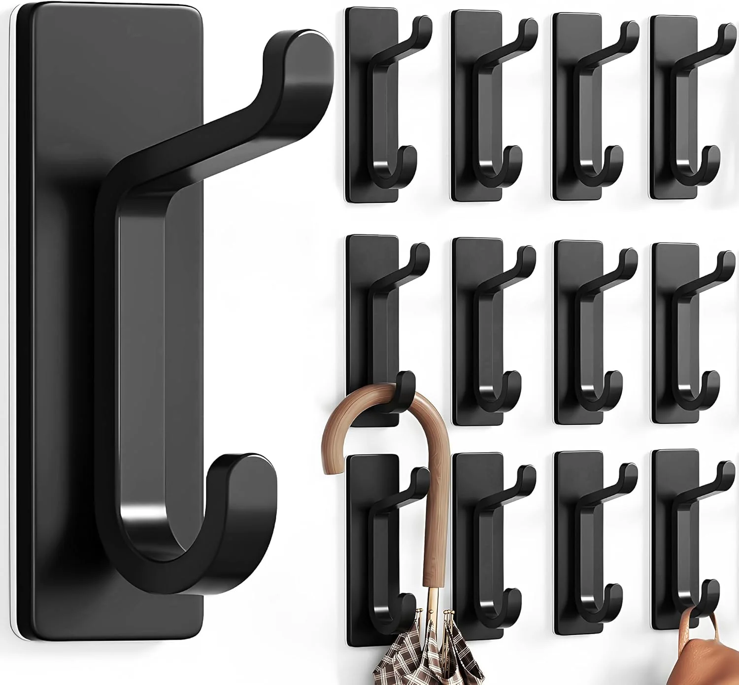 Convenient pickpiff 12 Pack Wall Hooks for Coat and Towel 13LB Adhesive Door Hanger Stick on Black Trendy