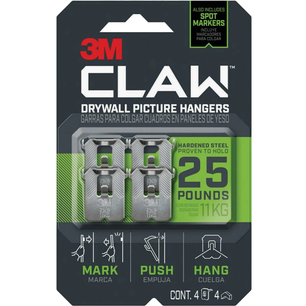 Original 3M Claw 25 Lb. Drywall Picture Hanger with Temporary Spot Marker 4 Hangers 4 Markers High-End