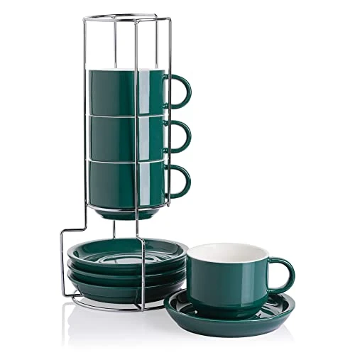 Efficient Sweejar Porcelain Cappuccino Cups with Saucers and Metal Stand 4 Count Smooth