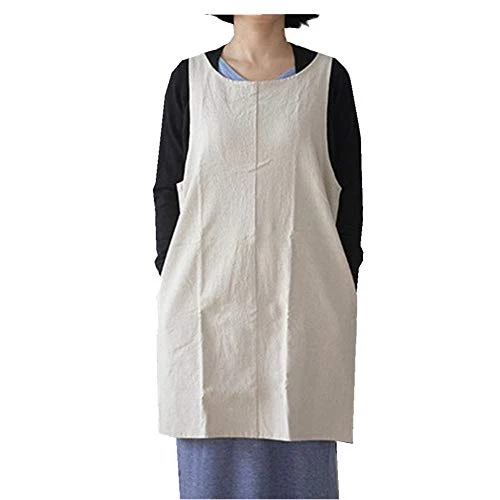 Crafted Soft Cotton Linen Apron Solid Color Halter Cross Bandage Aprons Japanese Style X Shape Double Pockets Kitchen Cooking Clothes Gift for Women Chef Housewarming Secure