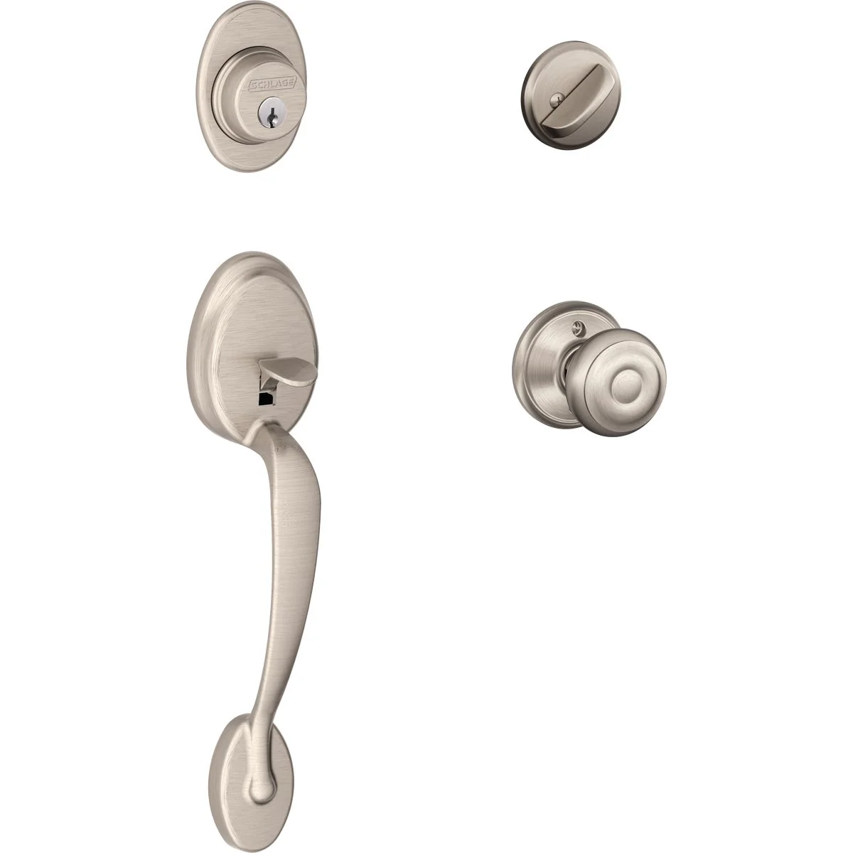 Elegant Schlage Satin Nickel Entry Door Handleset with Georgian Knob Prestigious