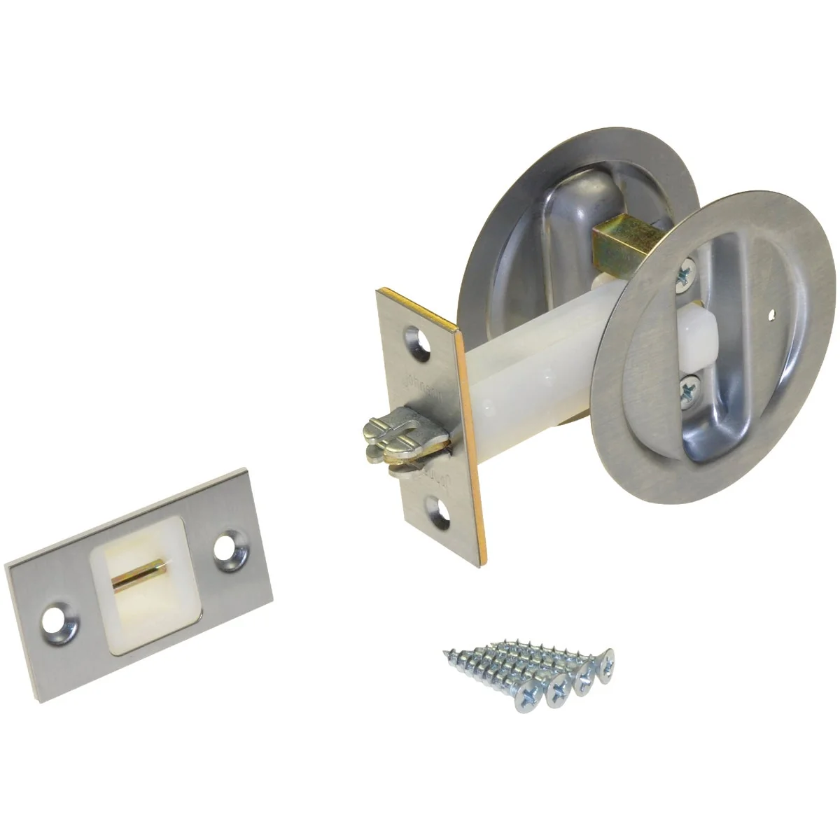 Detailed Johnson Hardware Satin Nickel Privacy Pocket Door Lock Long-Lasting