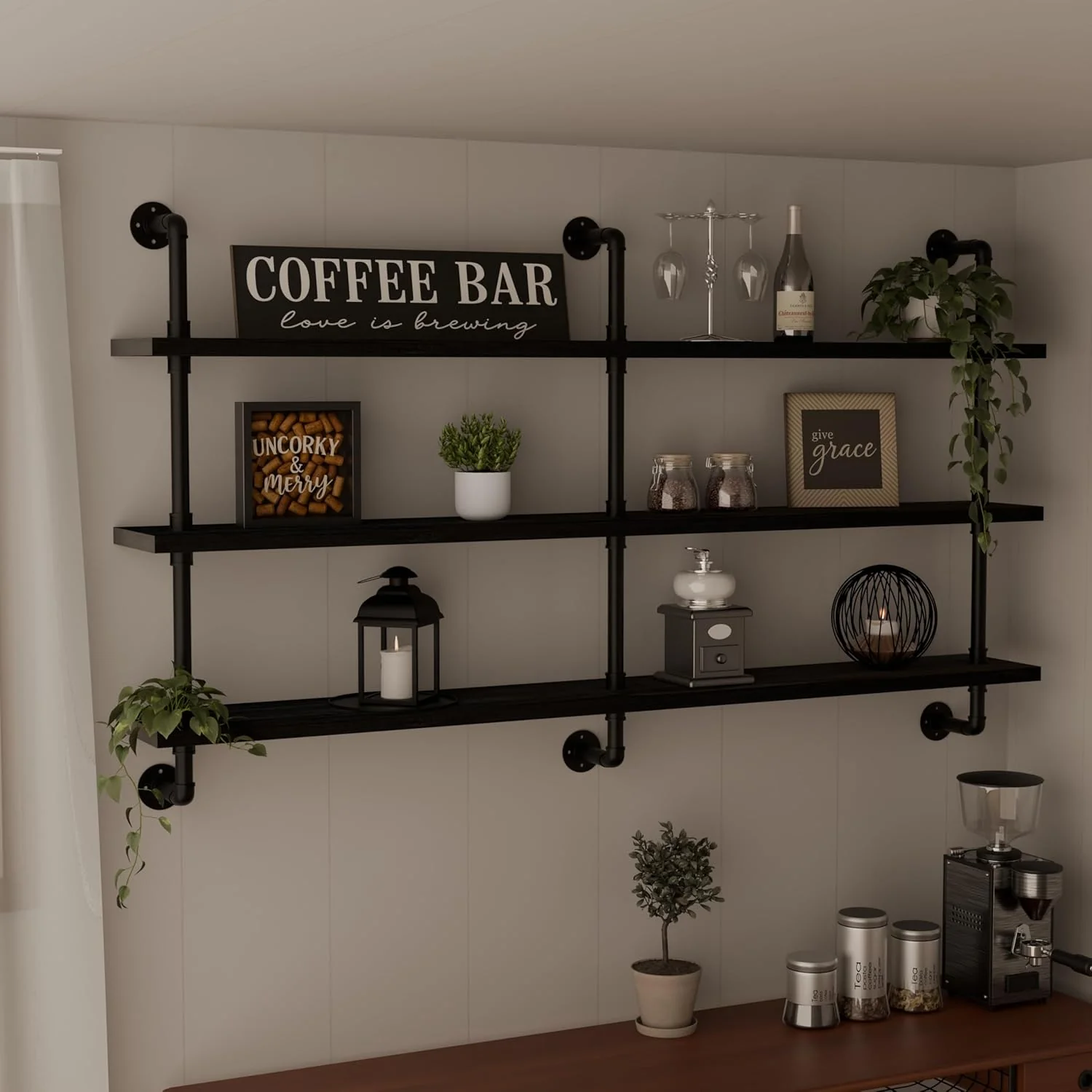 Powerful Industrial Pipe Shelving Rustic Black Pipe Wall Shelves Industrial Shelves with Wood Planks Floating Shelves 60 Inch Farmhouse Bathroom Sustainable
