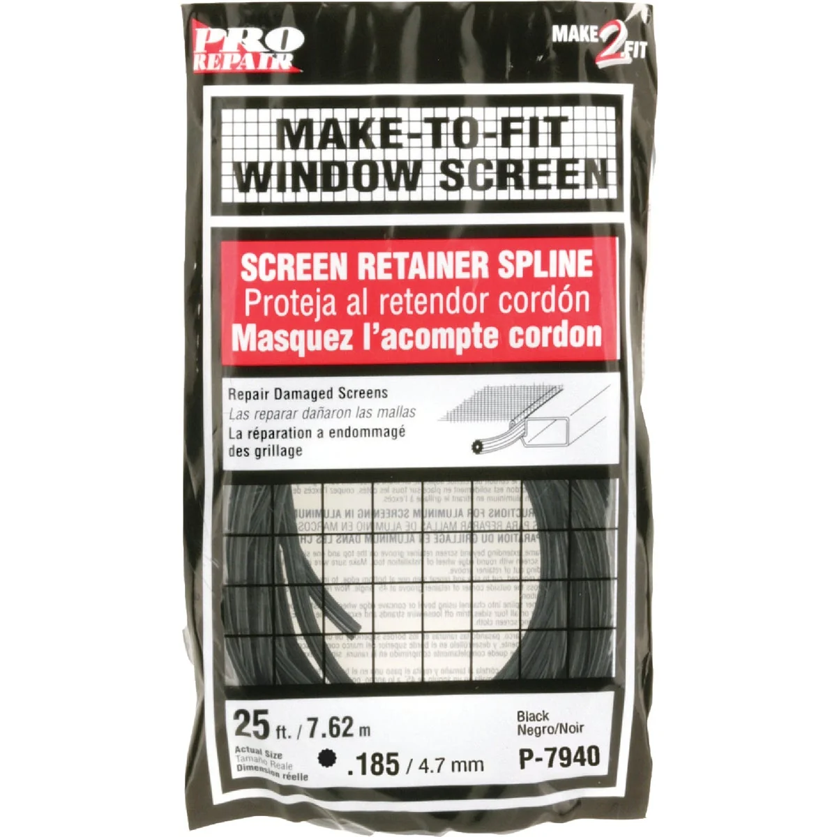 Excellent Prime-Line 0.185 In. Dia. x 25 Ft. L. Black Vinyl Screen Retainer Spline Smooth