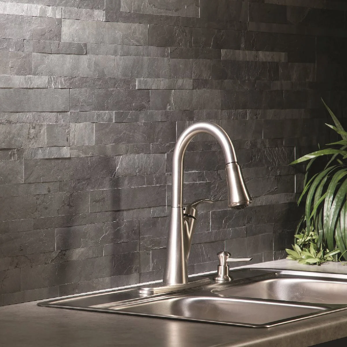 Authentic Aspect 6 In. x 24 In. Natural Stone Backsplash Peel Stick Charcoal Slate Traditional