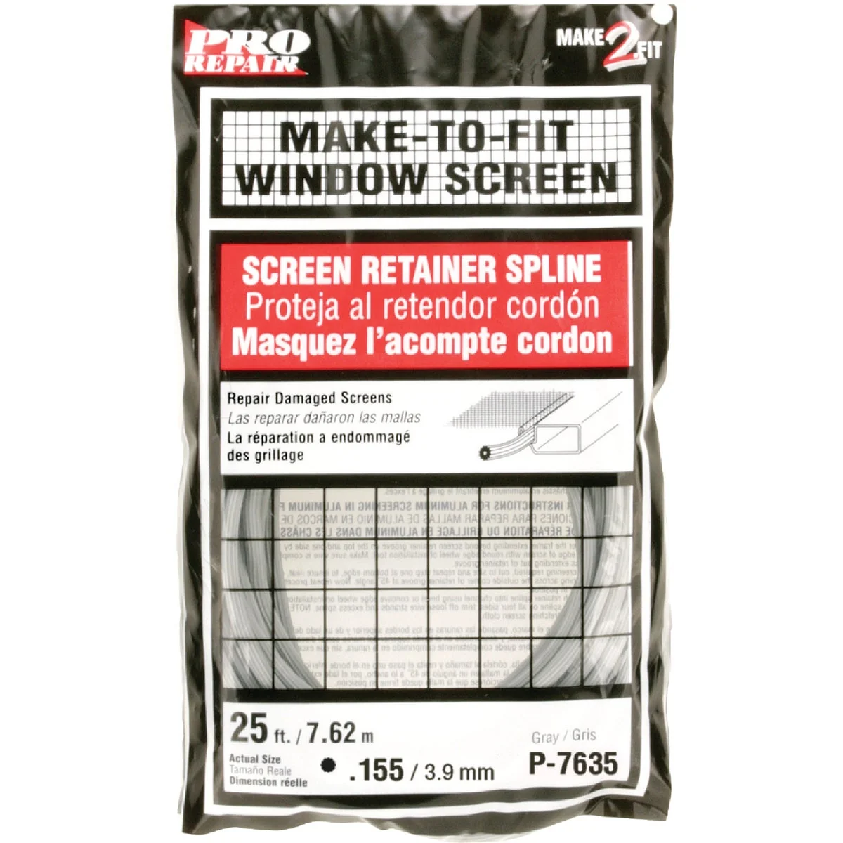Stylish Prime-Line 0.155 In. Dia. x 25 Ft. L. Gray Vinyl Screen Retainer Spline Fast