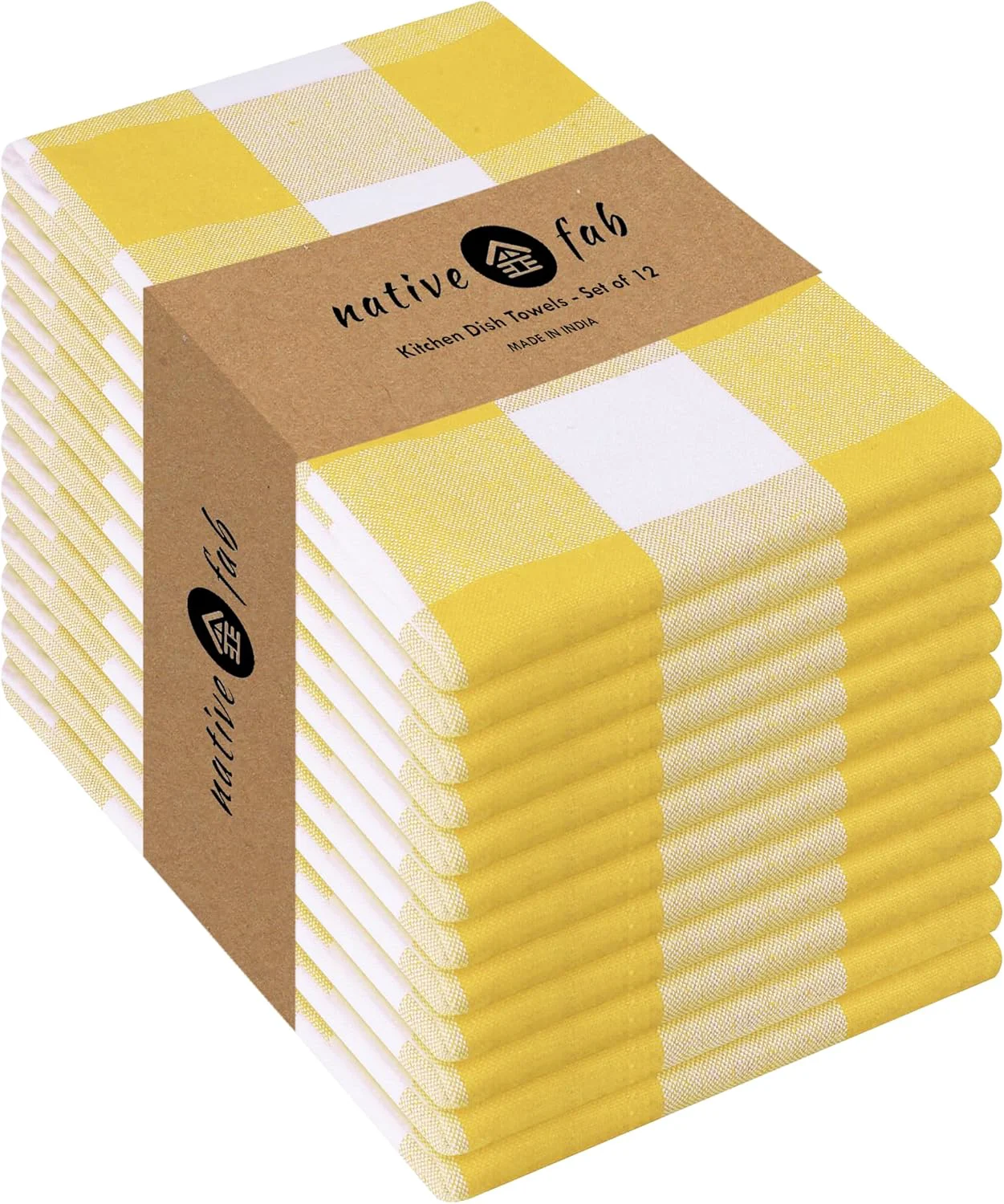 Selected Native Fab Yellow Buffalo Dish Towel 16 x26 Set of 12 - Cotton Plaid Towels Soft Absorbent Dishcloths with Hanging Loop Organic
