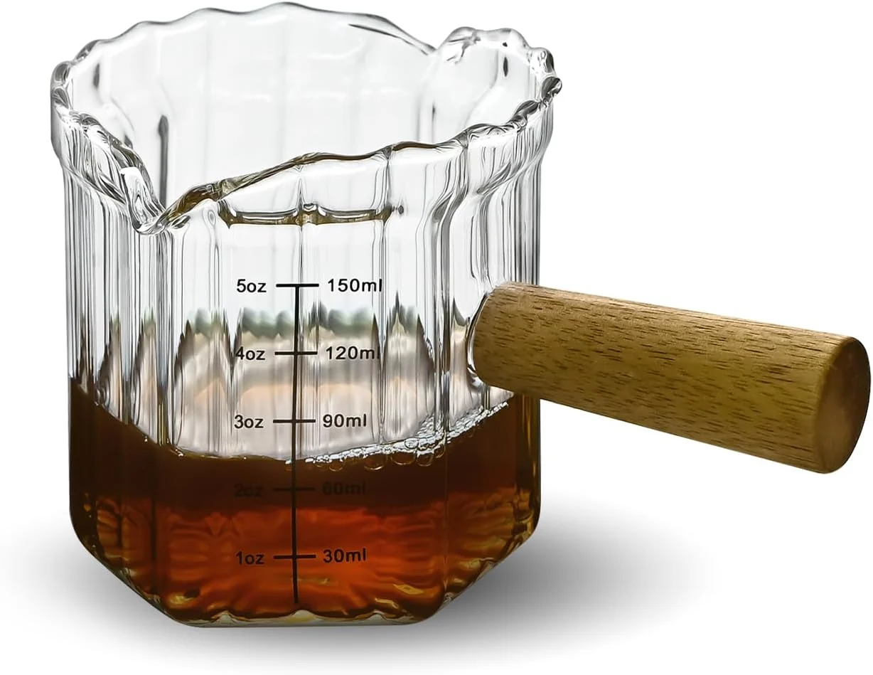 Relaxed Glass Measuring Cup 5oz Espresso Shot Glass with Wood Handle Double Spouts Measuring Triple Pitcher Milk Cup for Coffee Tea Transparent Ribbed Exceptional