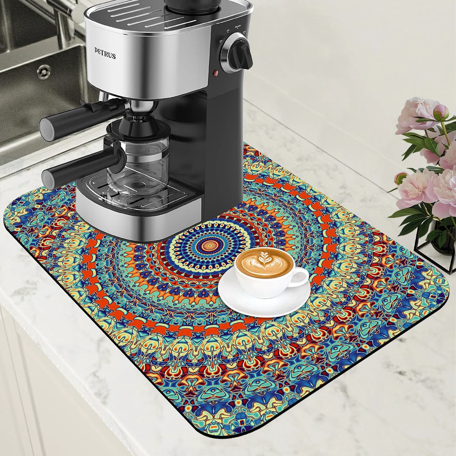 Safe Boho Mandala Ethnic Coffee Mat Absorbent Dish Drying Mat for Kitchen Counter Hide Stain Rubber Backed Coffee Bar Accessories Fit Under Espresso Machine Dish Drainer 11.8 x 19.7 Inch Casual