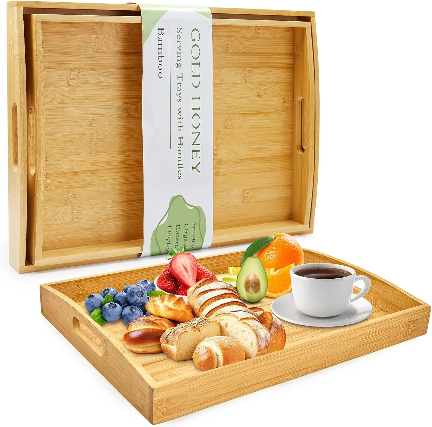 High-End GOLD HONEY Bamboo Serving Tray with Handles Wooden Serving Tray Set of 2 Decorative Serving Trays with Handles for Living Room Bathroom Bedroom Kitchen Outdoor and Storing - 17x13in 16x12in Comfortable