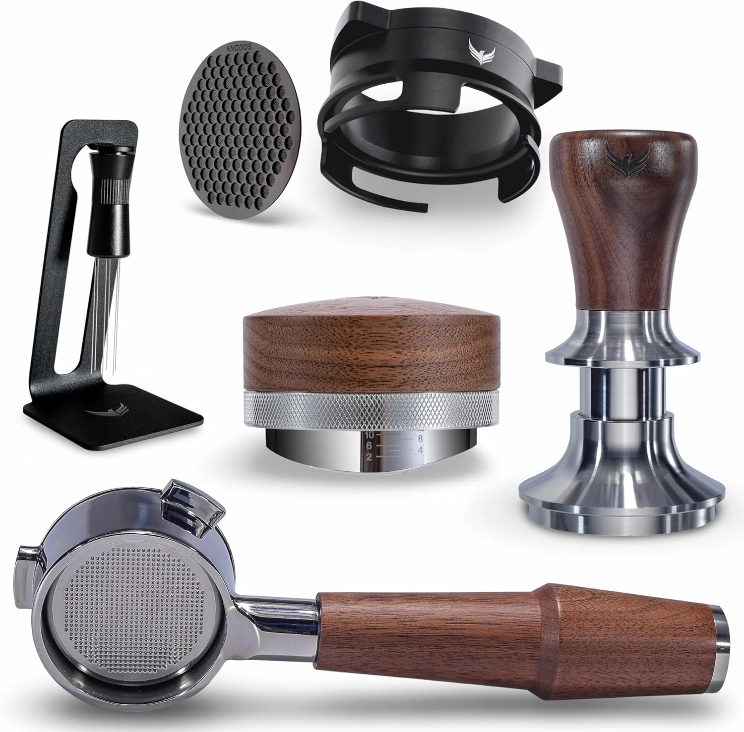 Powerful Espresso Tools Kit for Breville 54mm Machines – Walnut Handle Naked Portafilter Spring Tamper Coffee Leveler Dosing Ring Artisan
