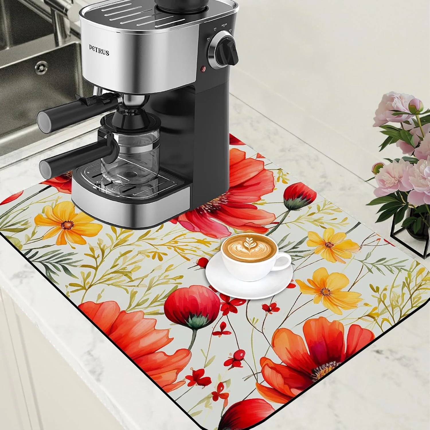 Fast Red and Yellow Flowers Coffee Mat Absorbent Dish Drying Mat for Kitchen Counter Hide Stain Rubber Backed Coffee Bar Accessories Fit Under Espresso Machine Dish Drainer 15.7 x 23.6 Inch Crafted